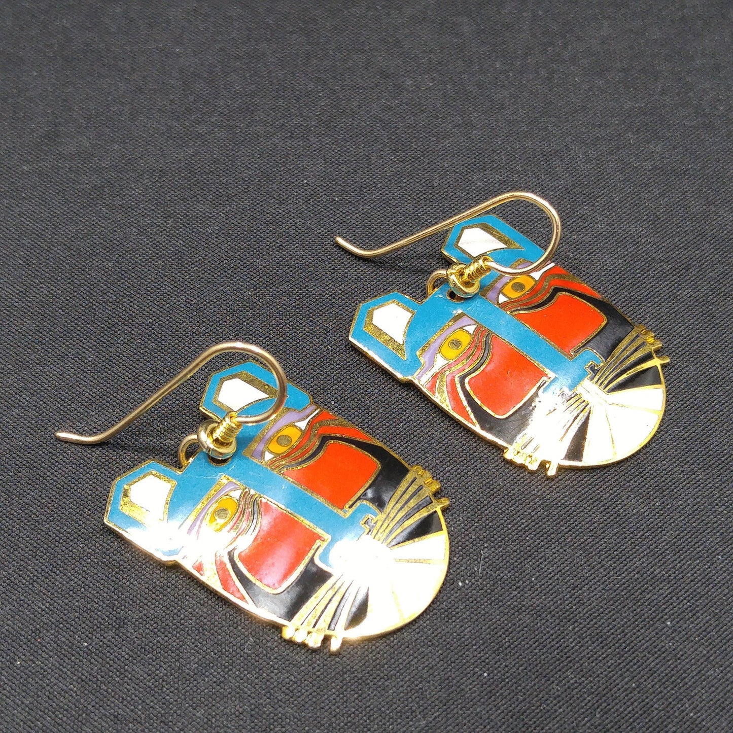 Laurel Burch "Miikio" Earrings, Gold Plated Enamel Large Cat Faces, 1980s Vintage Jewelry