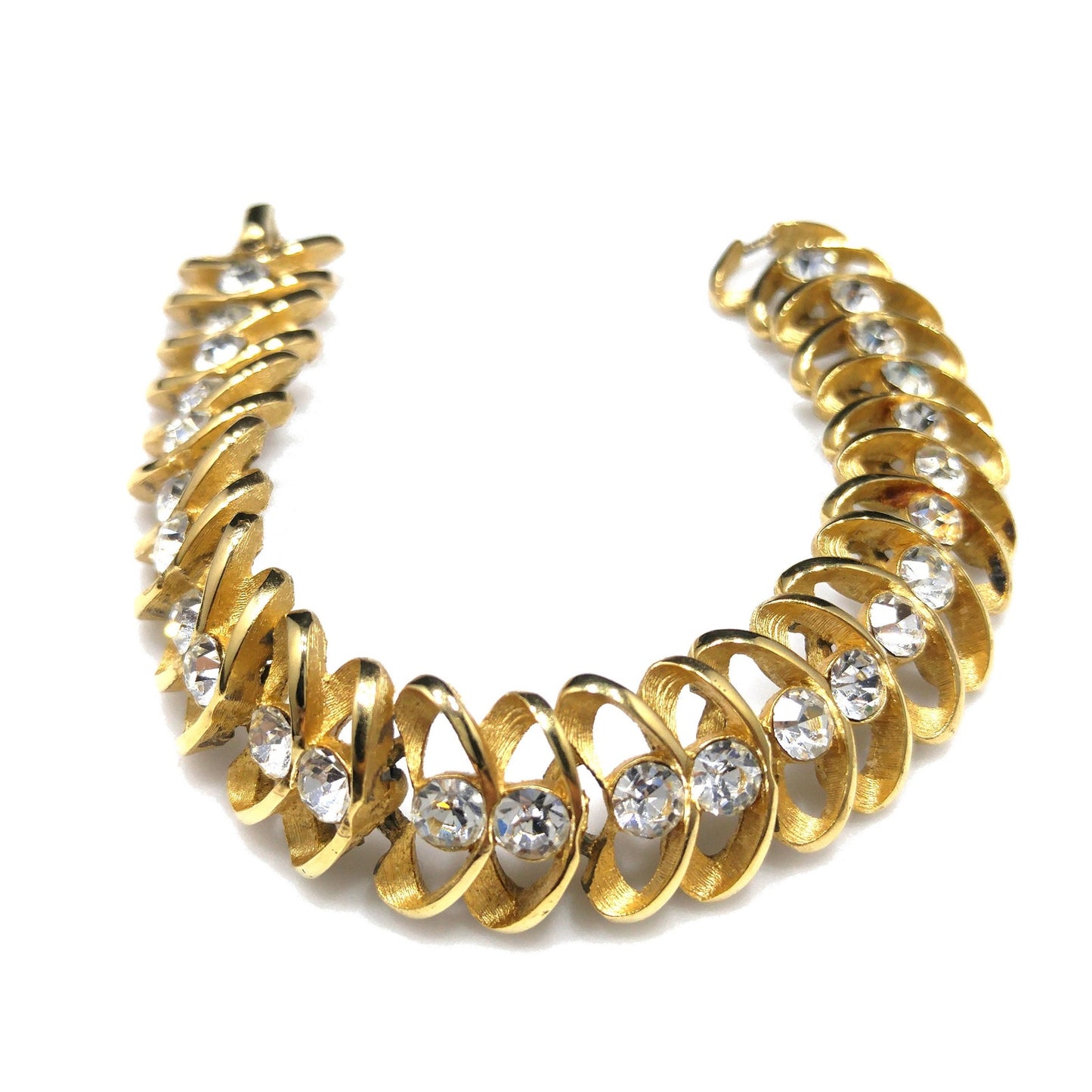 Crown Trifari Clear Rhinestone Bracelet, Gold Plated, 1960s Vintage Jewelry