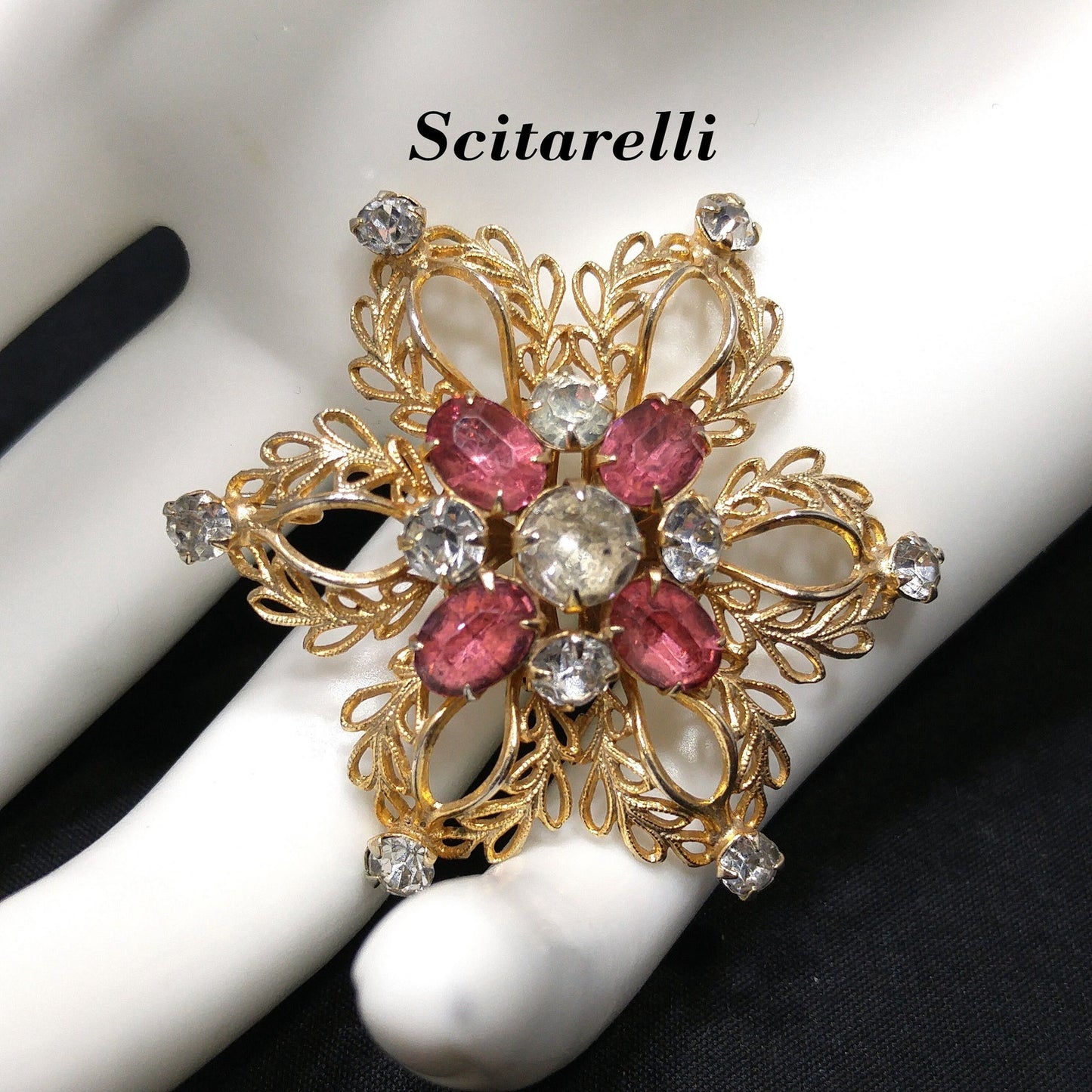Scitarelli Mid-century Pink Clear Rhinestone Floral Brooch Pendant, 1950s Vintage Jewelry