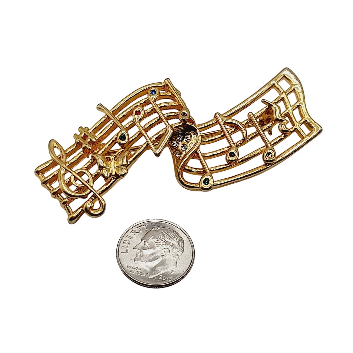 Vintage Musical Notes Brooch Gold Tone Music Staff Pin with Rhinestones – 2.75”
