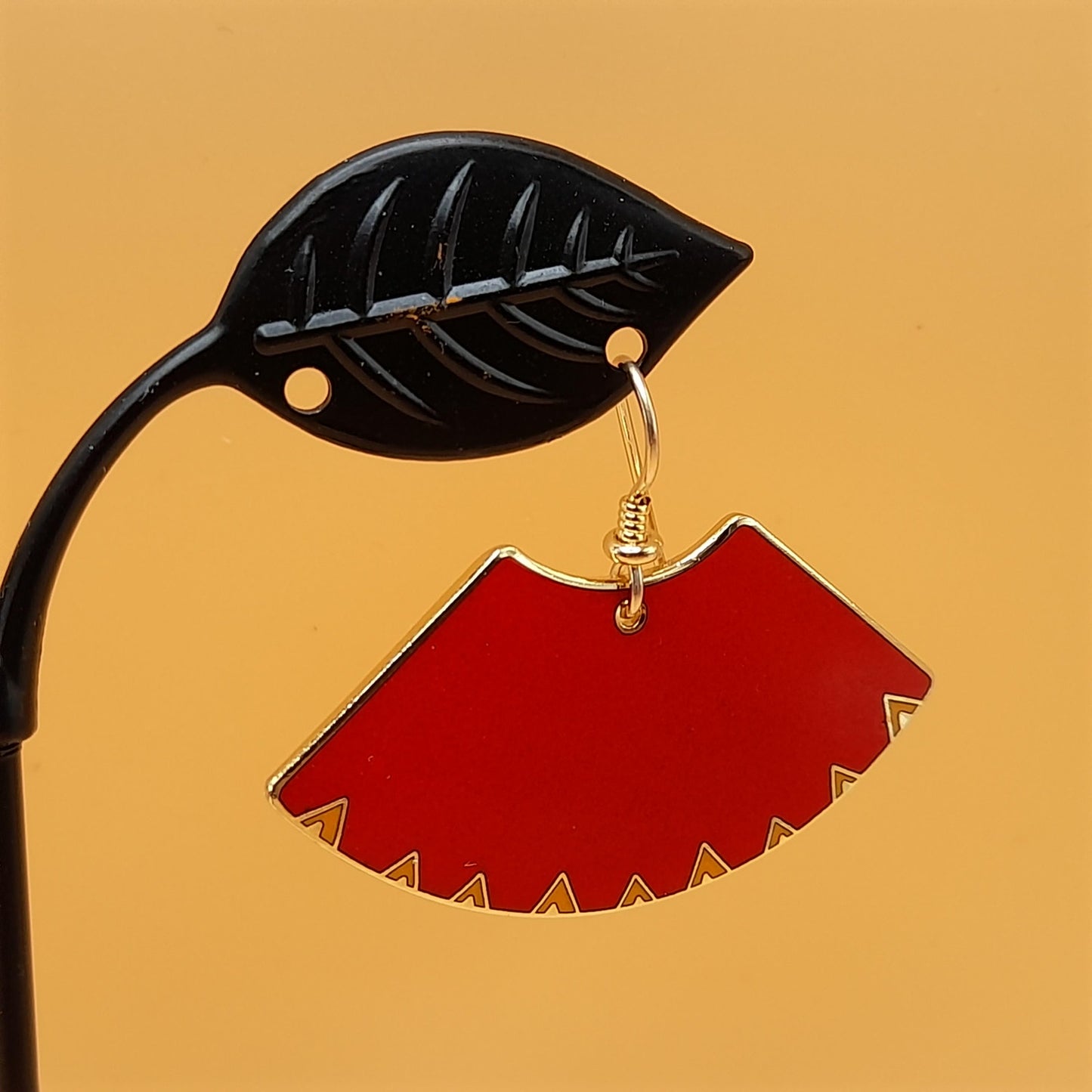 Laurel Burch "Mitra" Red Large Fan Earrings, Gold Plated, Cloisonne Enamel, 1980s Vintage Jewelry
