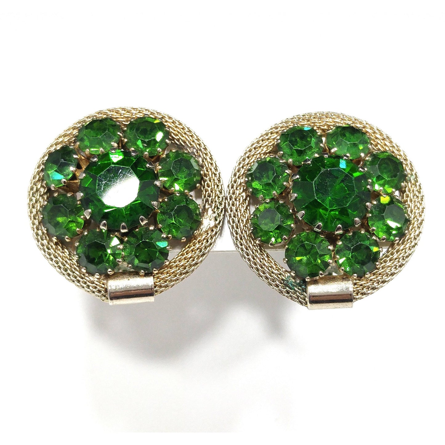 Weiss Green Rhinestone Gold Mesh Earrings, Emerald Green, Gold Plated, 1950s Vintage Jewelry