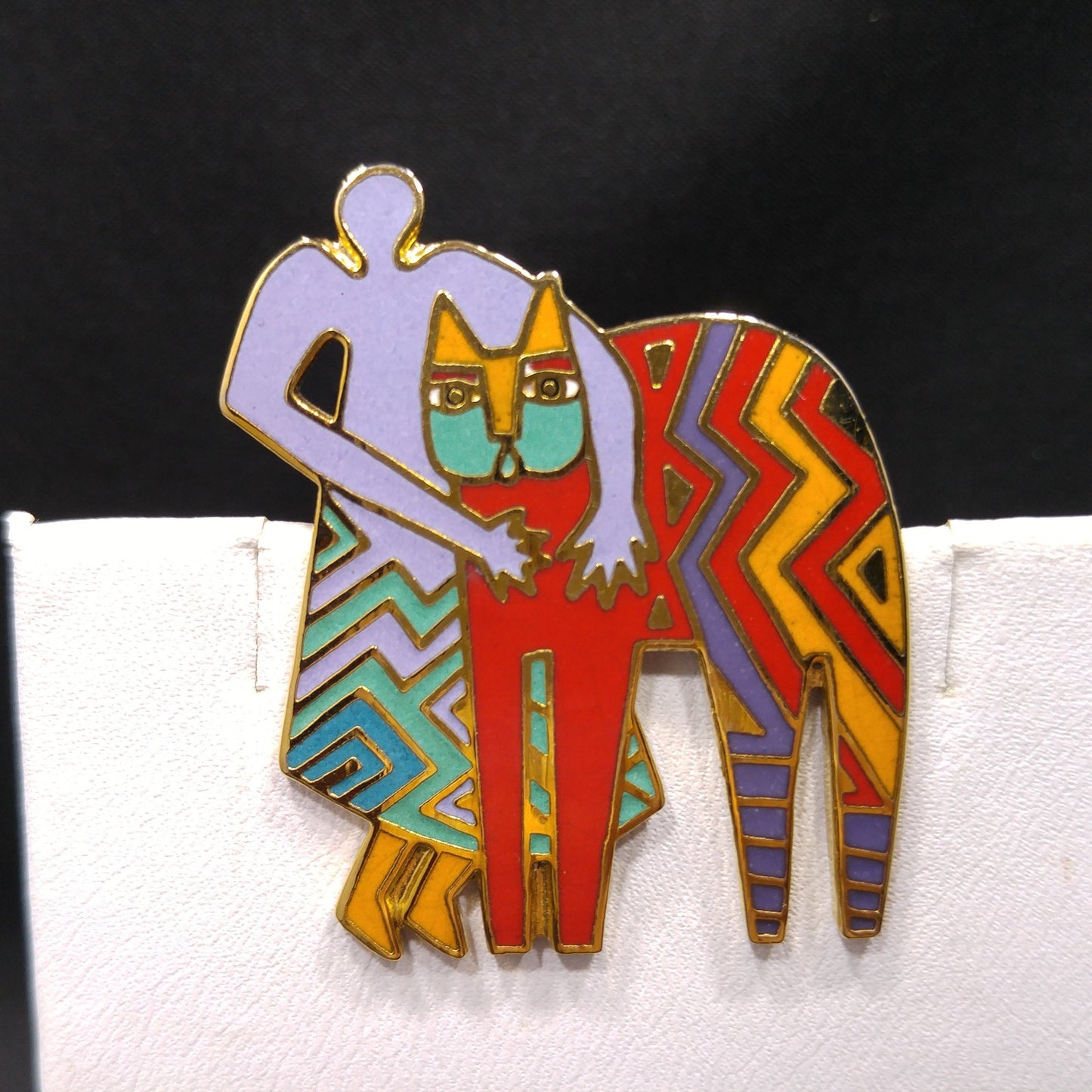 Laurel Burch Vintage "Best Friends" Brooch, Gold Plated Cloisonne Enamel, 1980s Vintage Jewelry