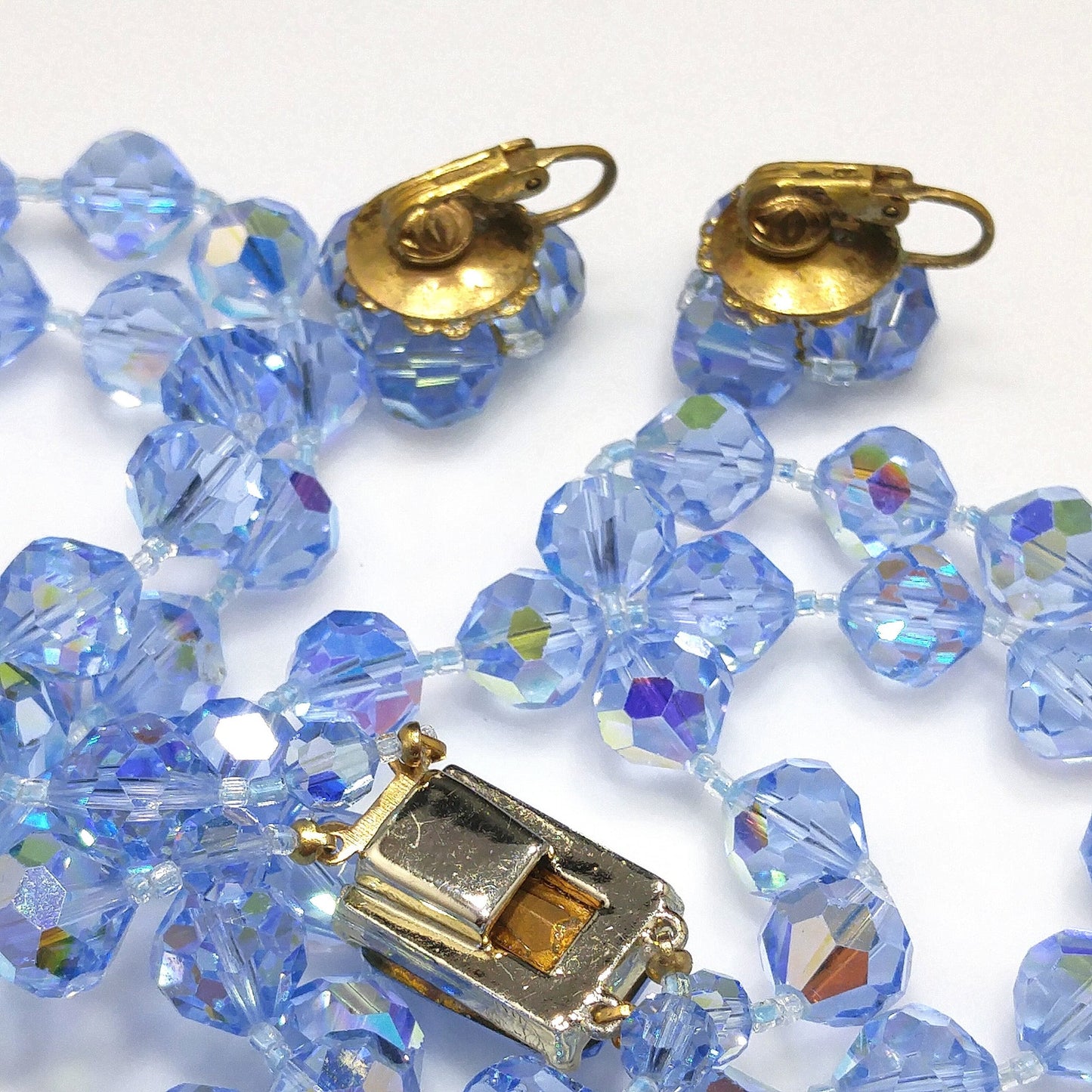 Light Blue Crystal Necklace Clip Earrings Set, Aurora Borealis, 1960s Vintage Jewelry