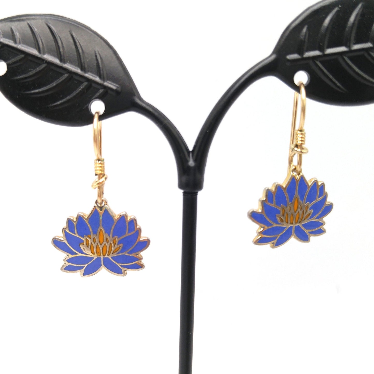 Vintage Laurel Burch Blue Orange Lily Earrings, Enamel Cloisonne, Gold Plated