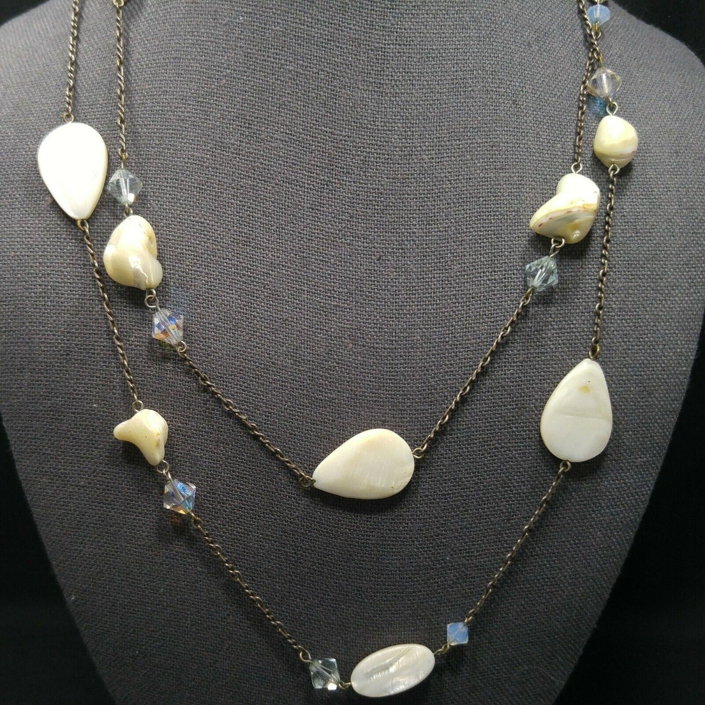 Liz Palacios S.F. White Shell & Crystal Long Necklace, 42 Inch Layering Necklace, Vintage Jewelry