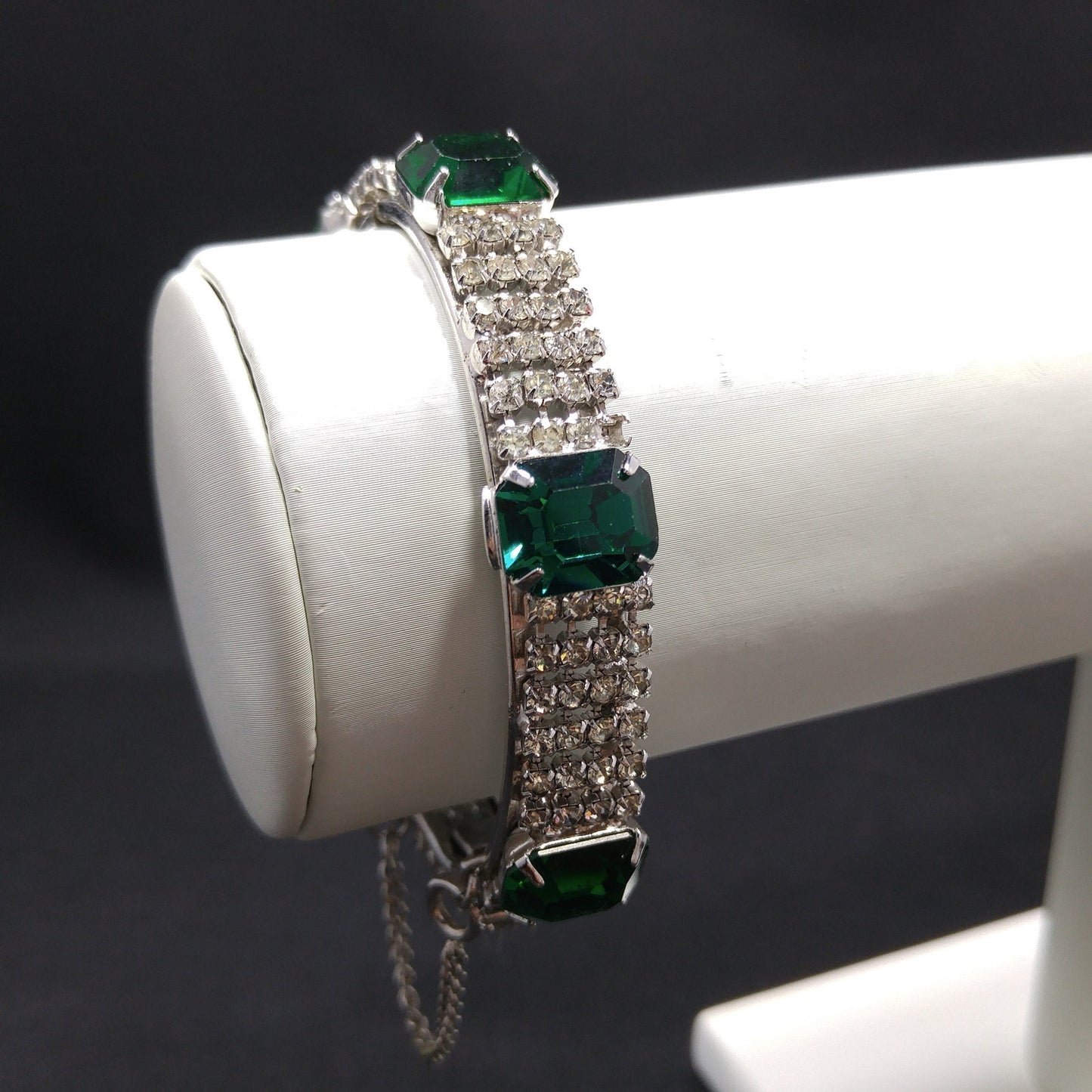 Kramer Green Rhinestone Hinged Bracelet, Safety Chain, 1960s Vintage Jewelry