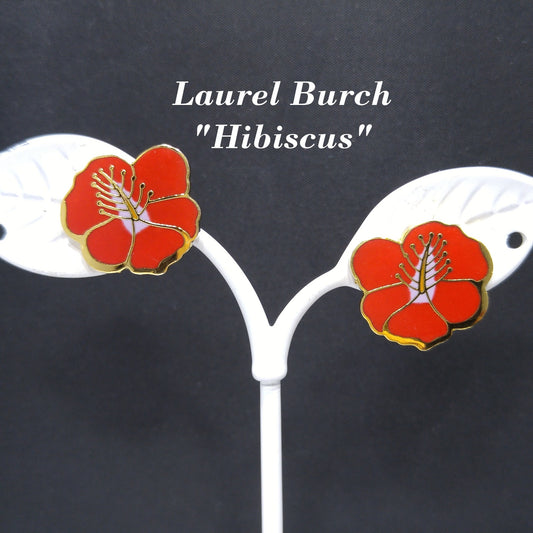 Vintage Laurel Burch Red Hibiscus Clip Earrings, Gold Plated