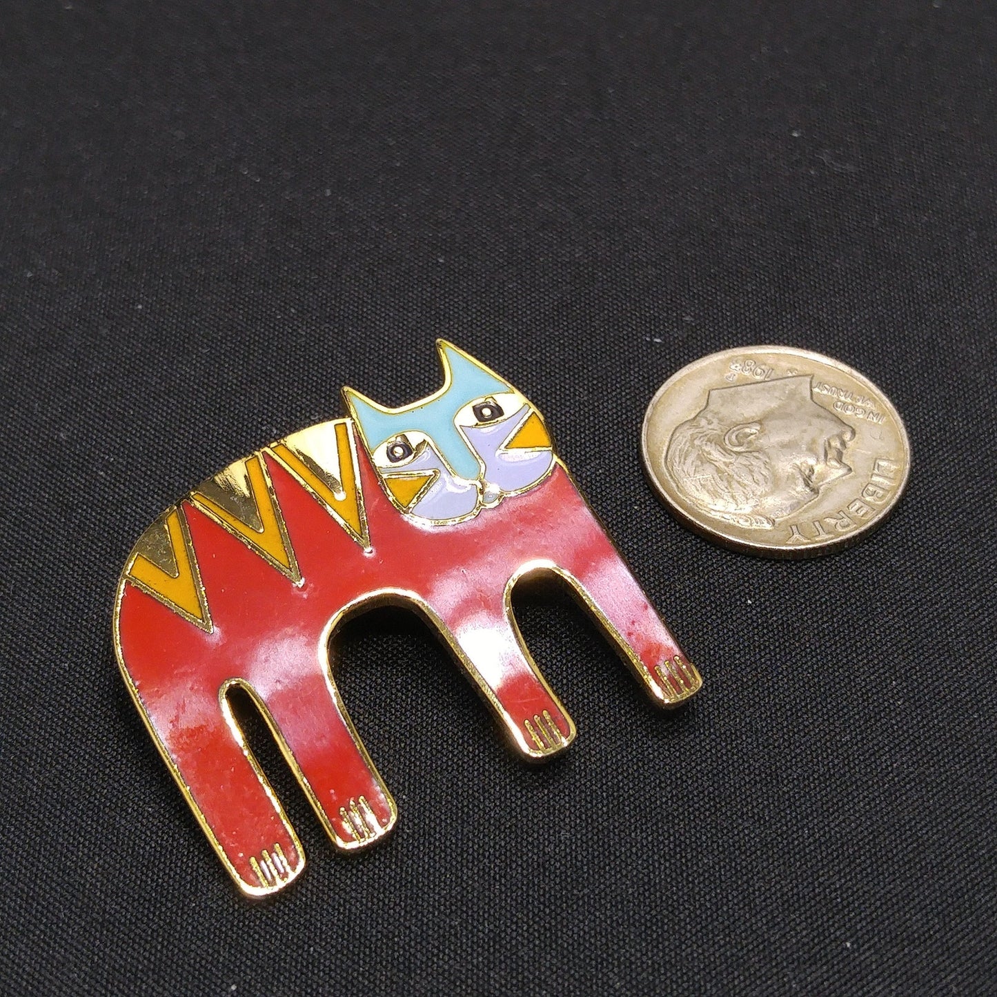 Laurel Burch "Magicat" Red Cat Brooch, Gold Plated Cloisonne Enamel, 1980s Vintage Jewelry