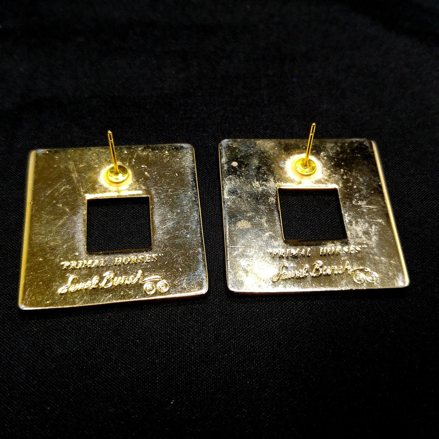 Laurel Burch "Primal Horse" Large Post Earrings, Gold Plated Cloisonné Enamel, 1980s Vintage Jewelry