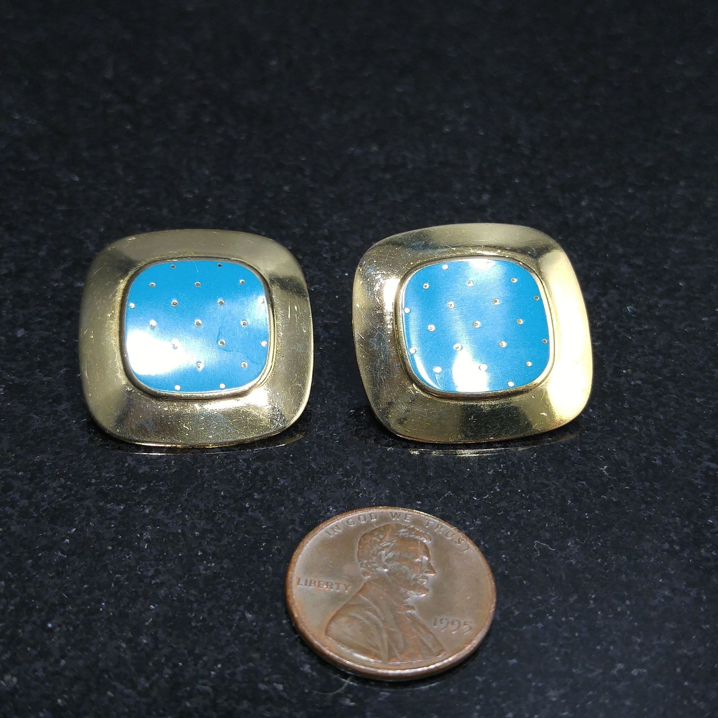 Vintage Laurel Burch "Mastriano" Clip Earrings, Teal Blue Enamel, Gold Plated