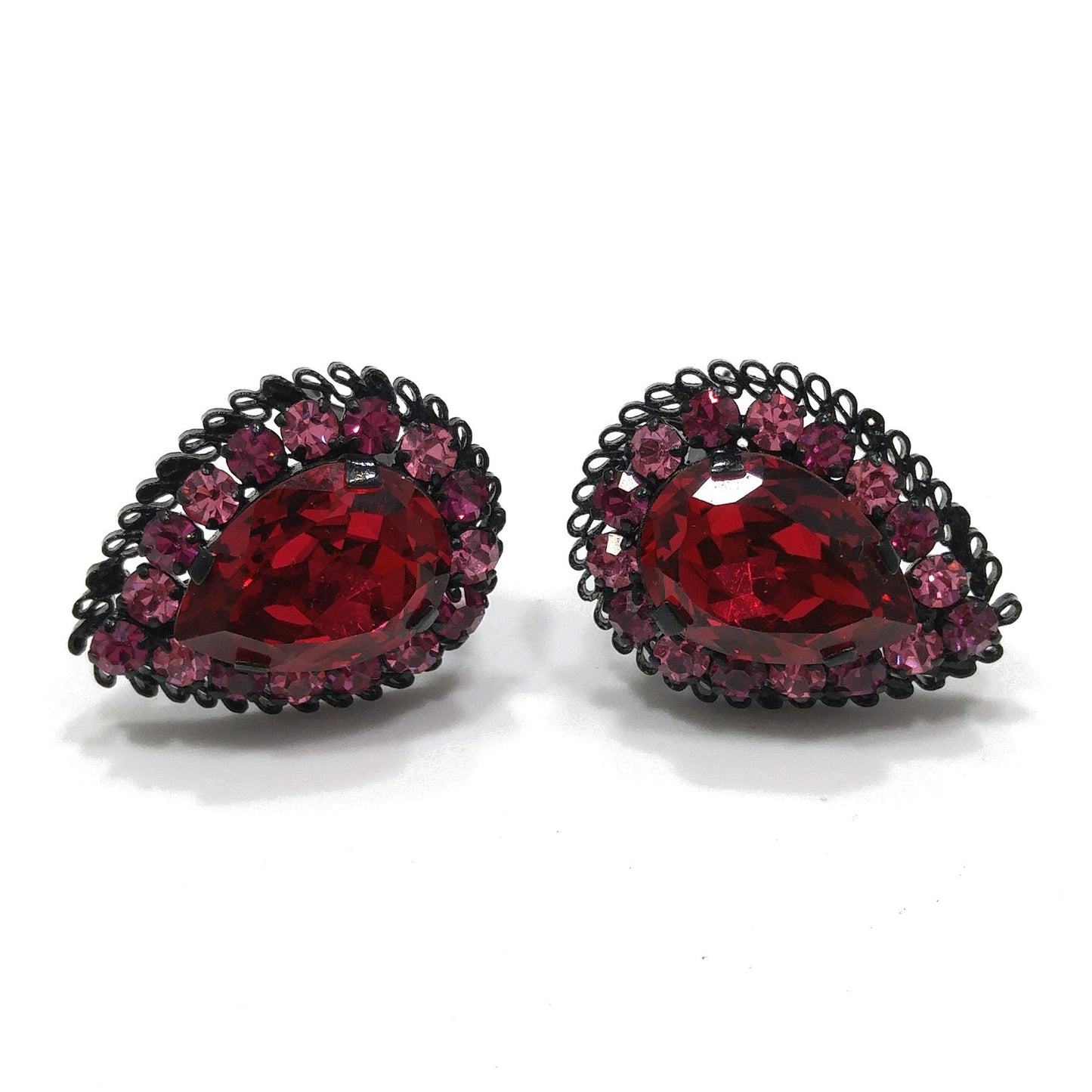 Made in Austria Red Pink Rhinestone Earrings, Japanned Black Metal, 1960s Vintage