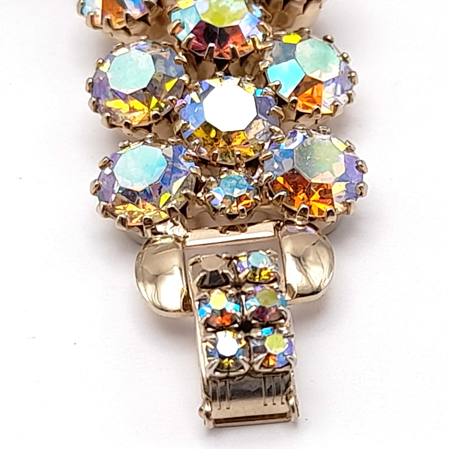 Vintage Weiss Aurora Borealis Rhinestone Bracelet Gold Plated