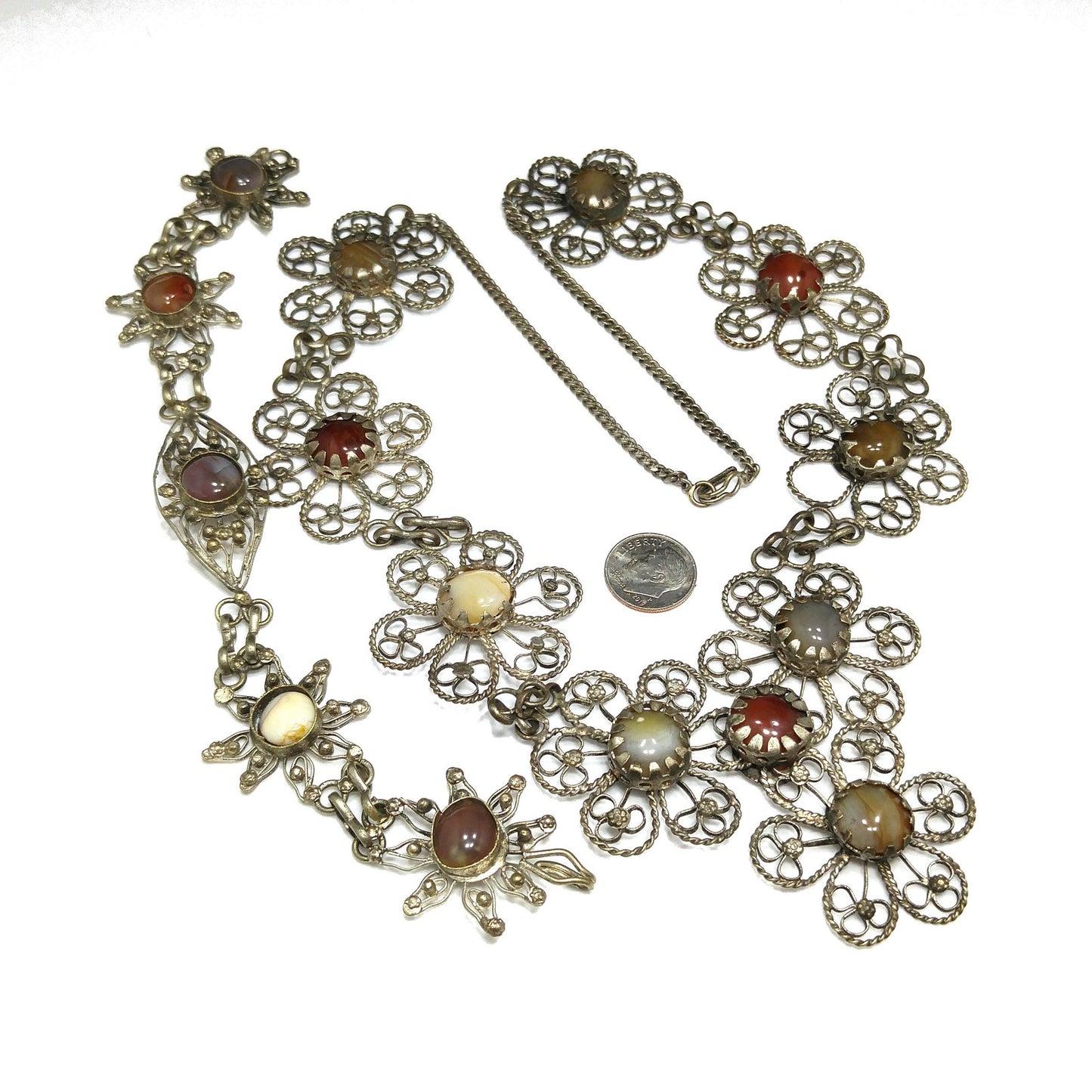 Multicolored Gemstones Twisted Wire Necklace & Bracelet, German or Nickel Silver, 1970s Vintage Jewelry