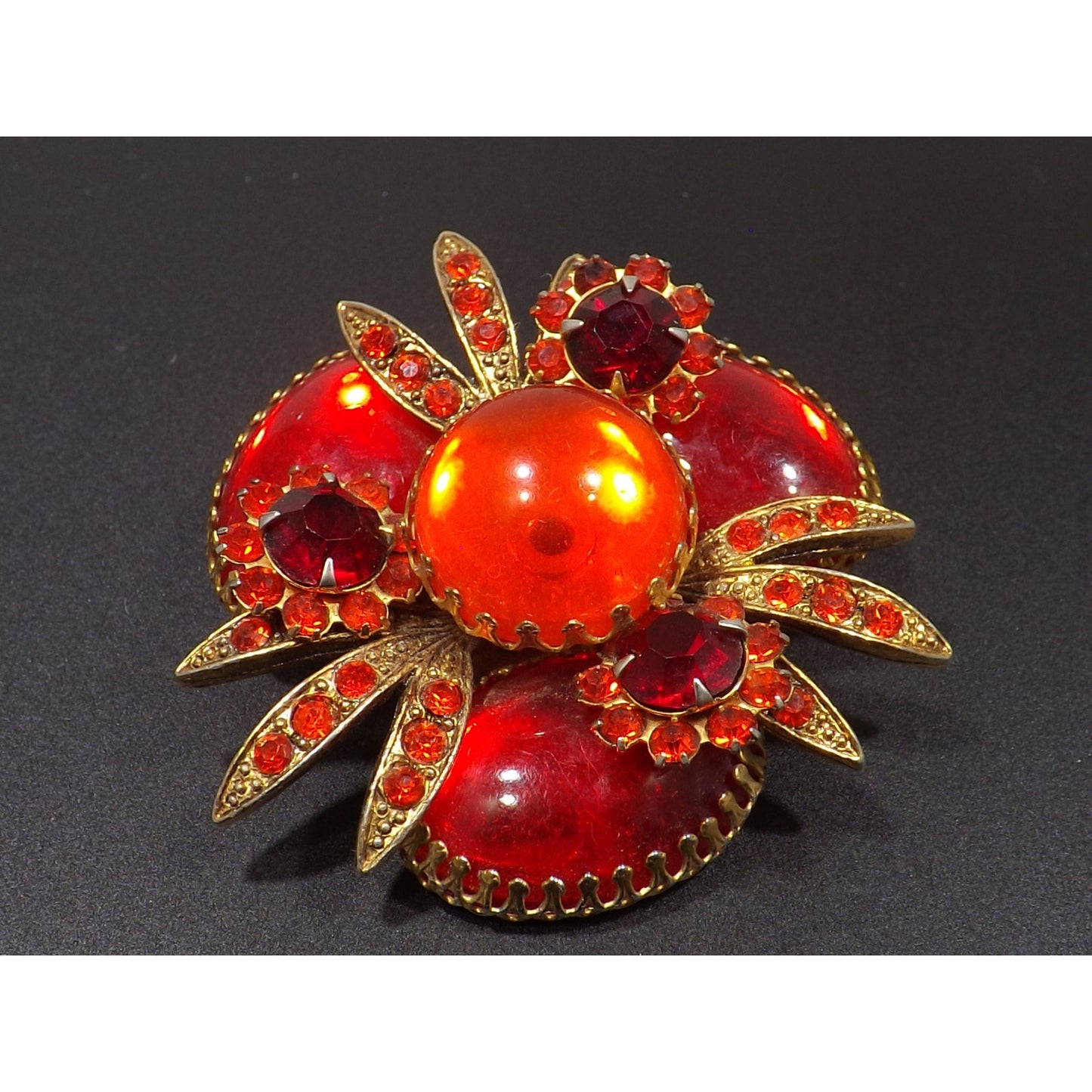 Red Rhinestone Orange Cabs Designer Brooch, Dog Tooth Cabochons, 1960s Vintage Jewelry
