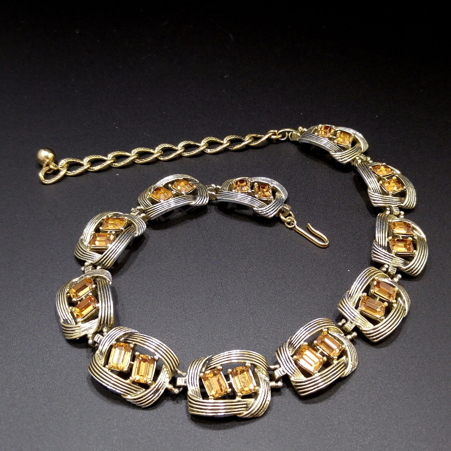 Kramer Topaz Rhinestone Choker Necklace, Gold Plated Black Enamel, 1950s Vintage Jewelry