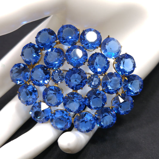 Art Deco Czech Blue Brooch, Open Back Glass Rhinestones, 1940s Vintage Jewelry