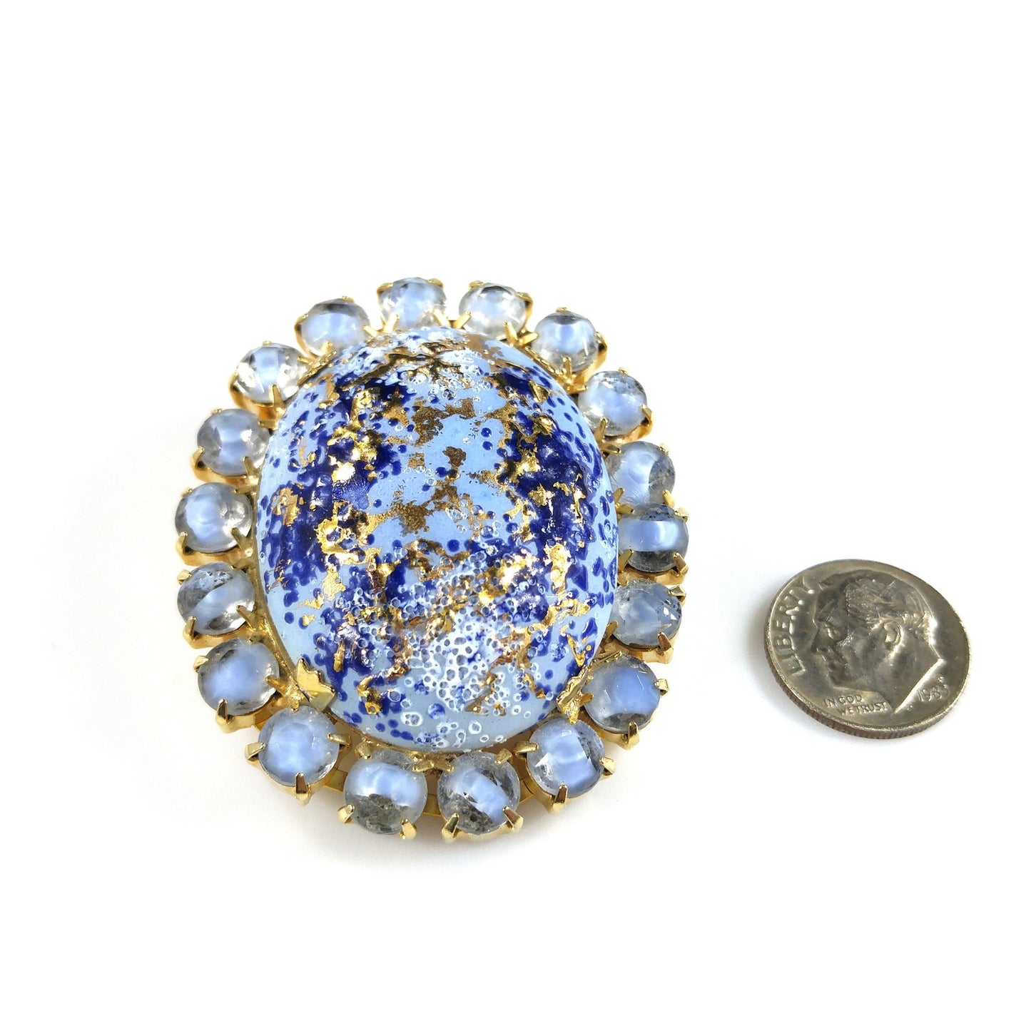 Hand Painted Blue Spatter Gold Ceramic Brooch, Gold Plated, 1960s Vintage Jewelry