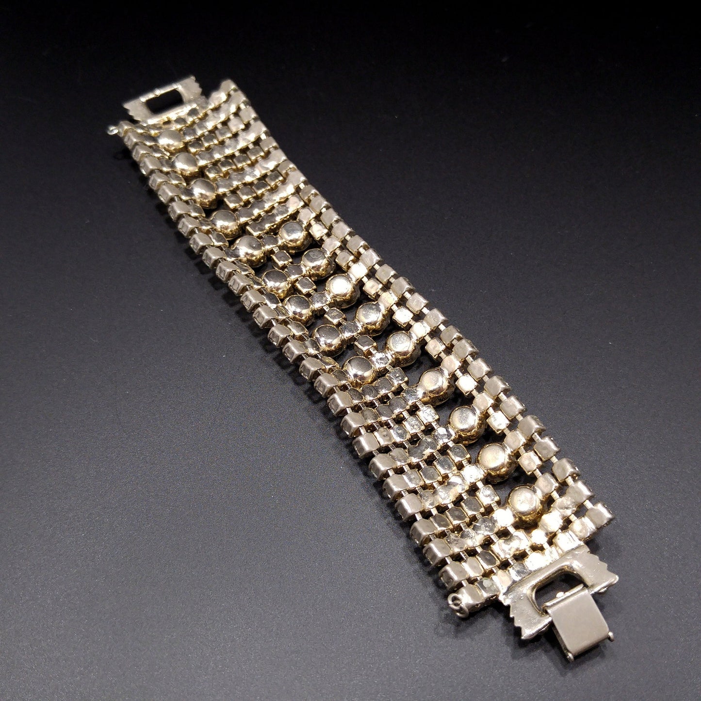 Mid Century Clear Rhinestone Wide Bracelet, 22K Gold Plate, 1950s Vintage Jewelry