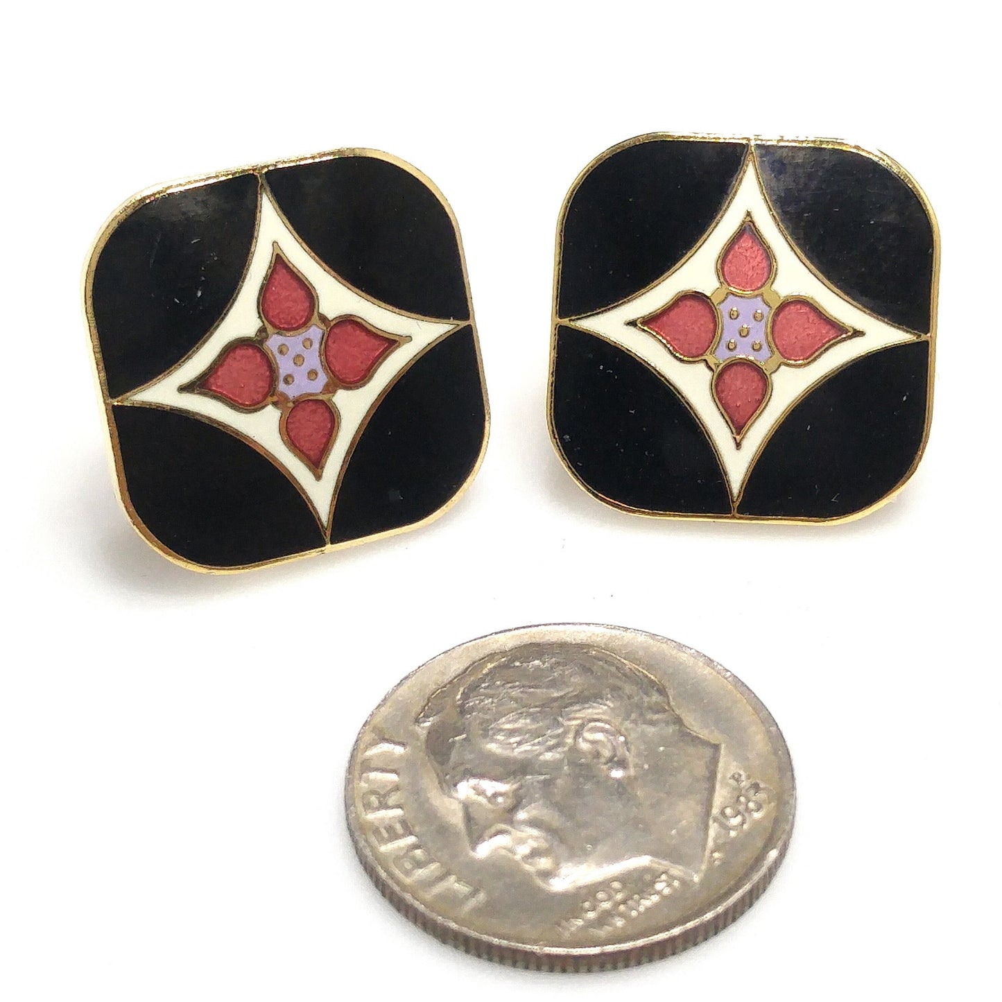 Vintage Laurel Burch "Minya" Post Earrings, Gold Plated, Enamel Cloisonne, 1980s