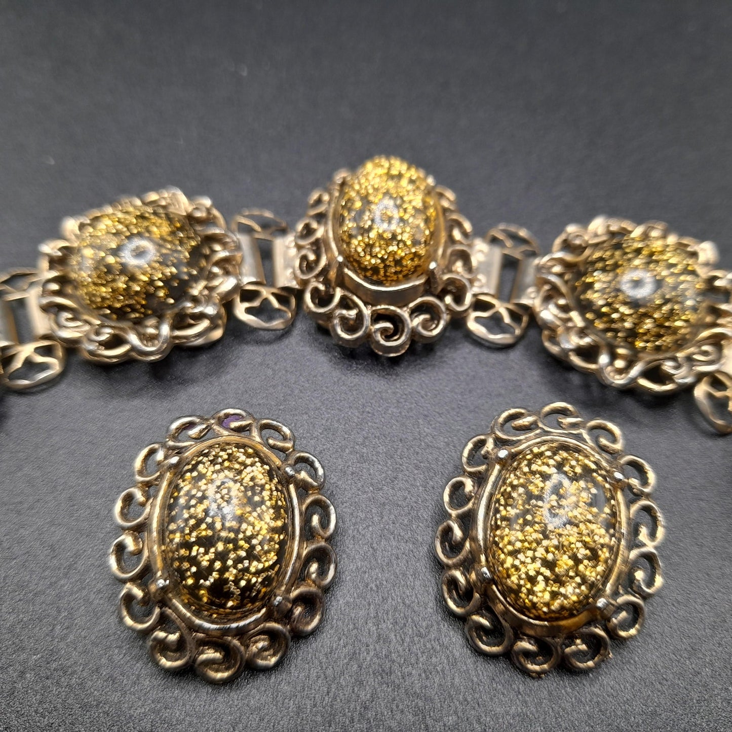 Vintage Glitter Lucite Bracelet Earrings Set, Book Chain, 1950s Vintage Jewelry