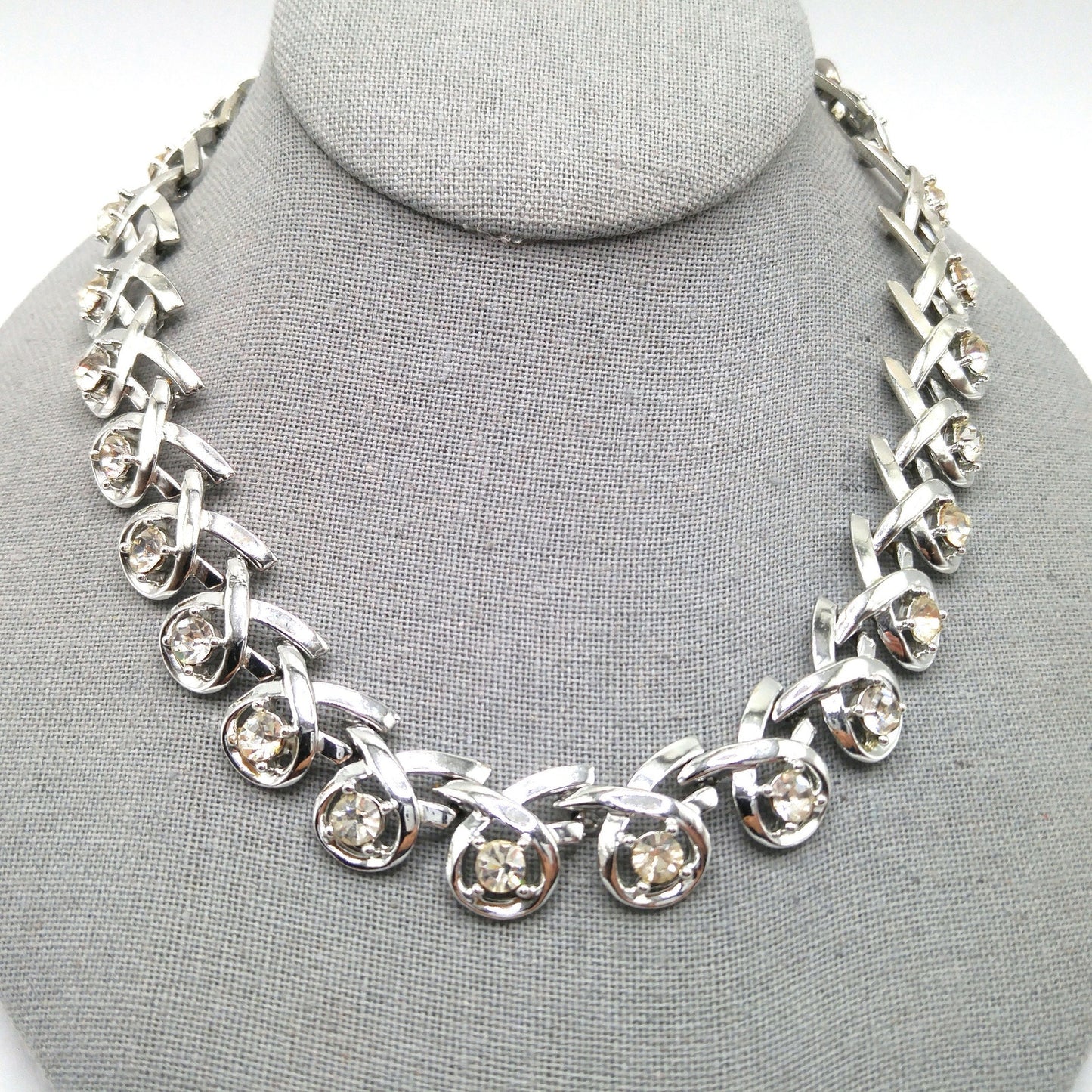 Clear Rhinestone Choker Necklace, Rhodium Plated, 1960s Vintage Jewelry