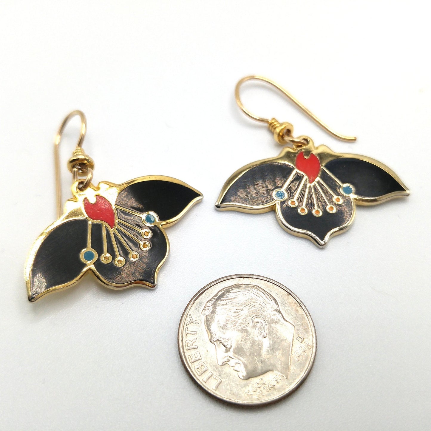 Vintage Laurel Burch "Desert Flower" Earrings, Black Red Enamel, Gold Plated, 1980s
