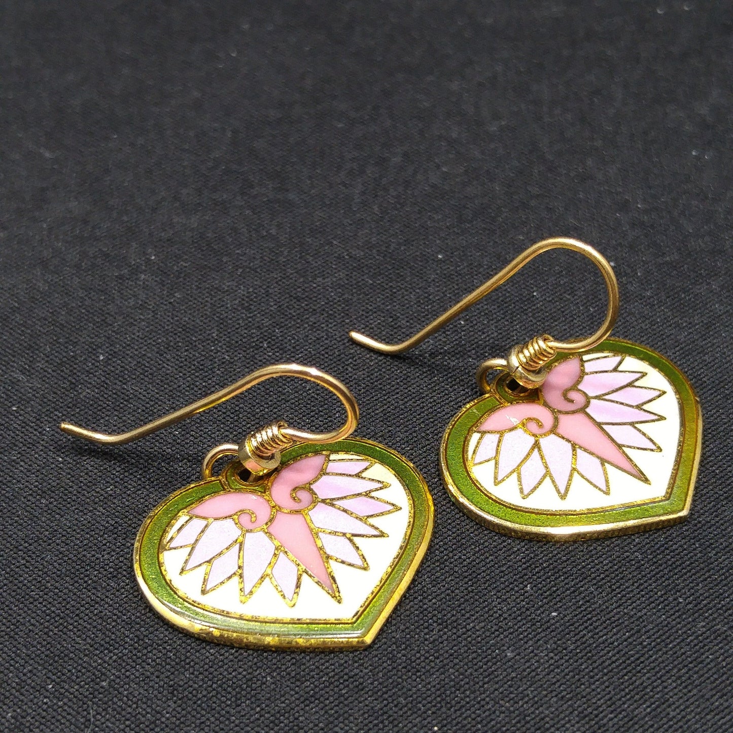 Vintage Laurel Burch Hollyhock Floral Earrings, Gold Plated, Pink Green White