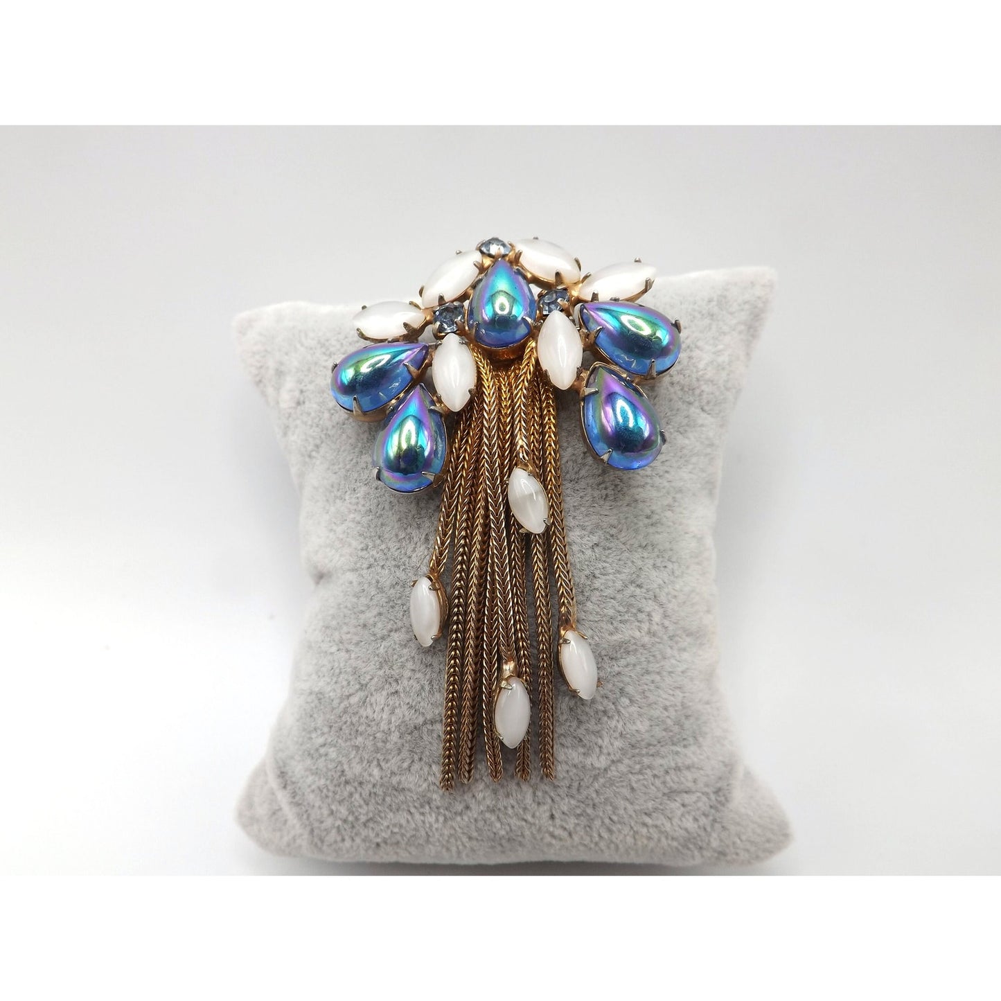 Iridescent Blue Gold Plated Fringe Brooch, White Art Glass Stones, 1960s Vintage Jewelry