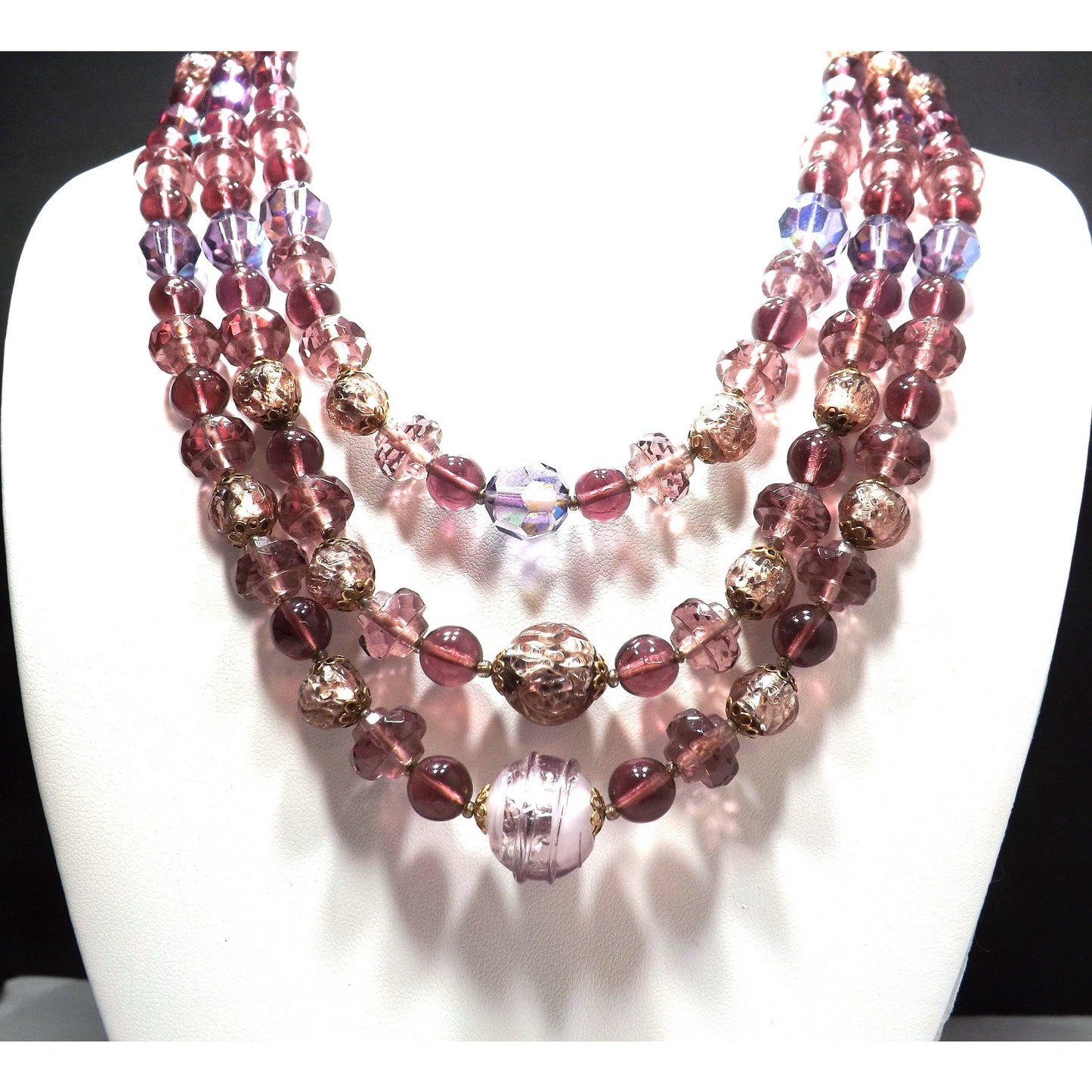 Art Glass Purple Gold Foil Beaded Necklace, Three Strands, 1960s Vintage Jewelry
