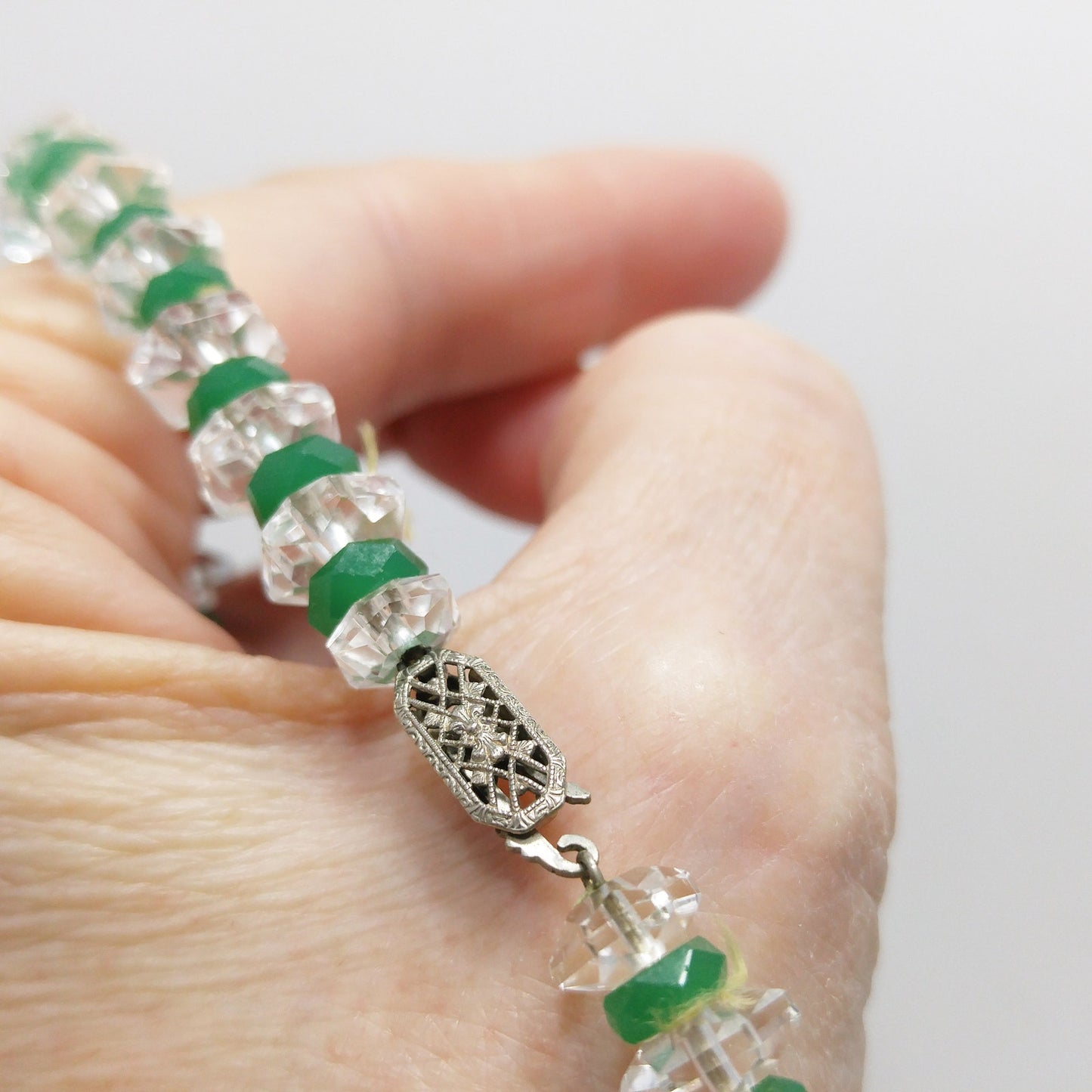Art Deco Clear Quartz Beaded Necklace, Green Glass Spacer Beads, 1920s, 14KGF