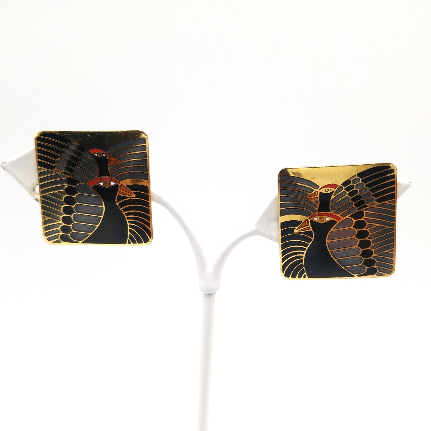 Vintage Laurel Burch "Moondoves" Clip Earrings, Black Birds, Gold Plated