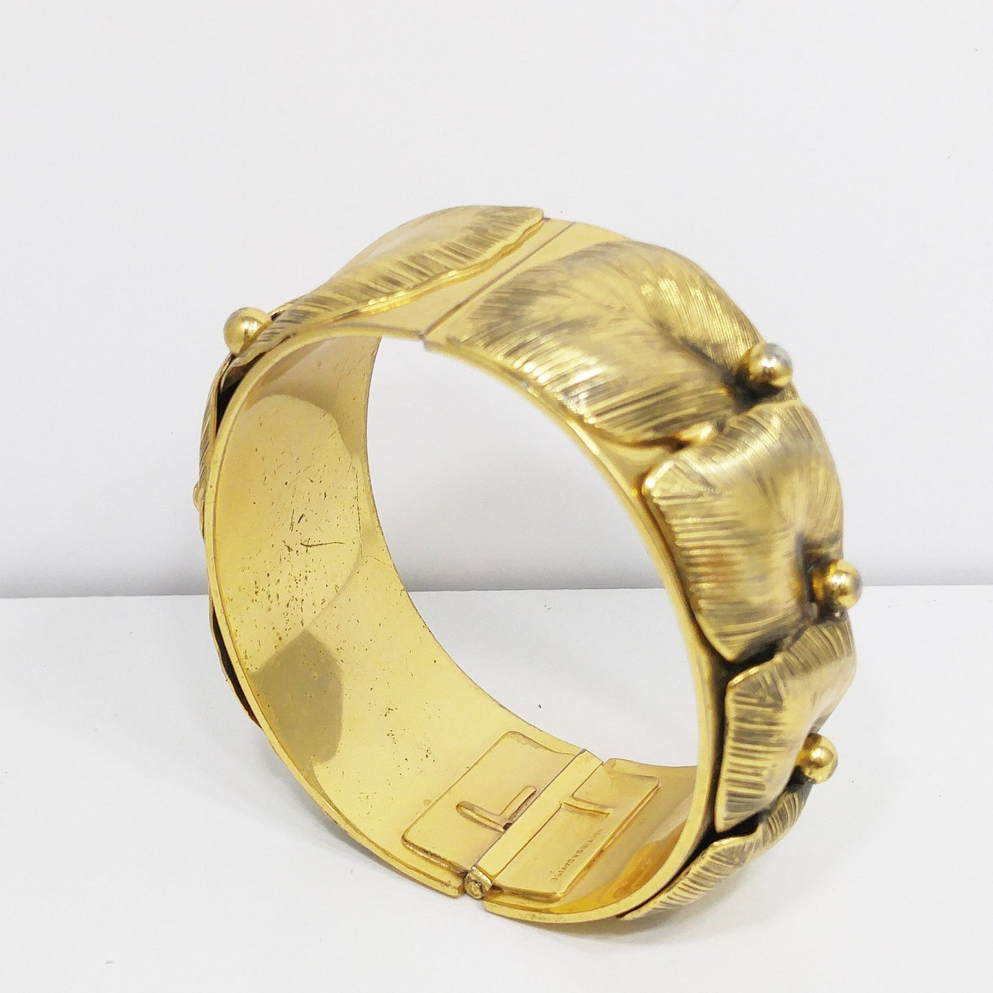 Whiting & Davis Gold Plated Leaf Bracelet, Hinged Wide Clamper, 1950s Vintage