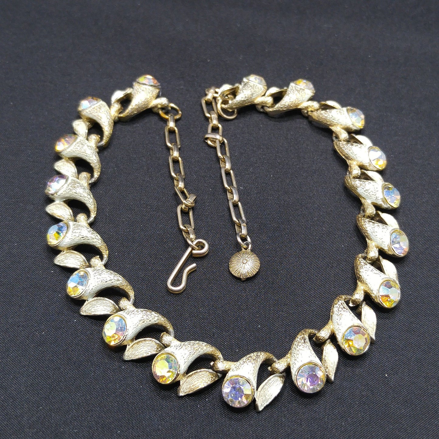 Brushed Gold Tone White Enamel Choker Necklace, Aurora Borealis Rhinestones, 1960s Vintage Jewelry