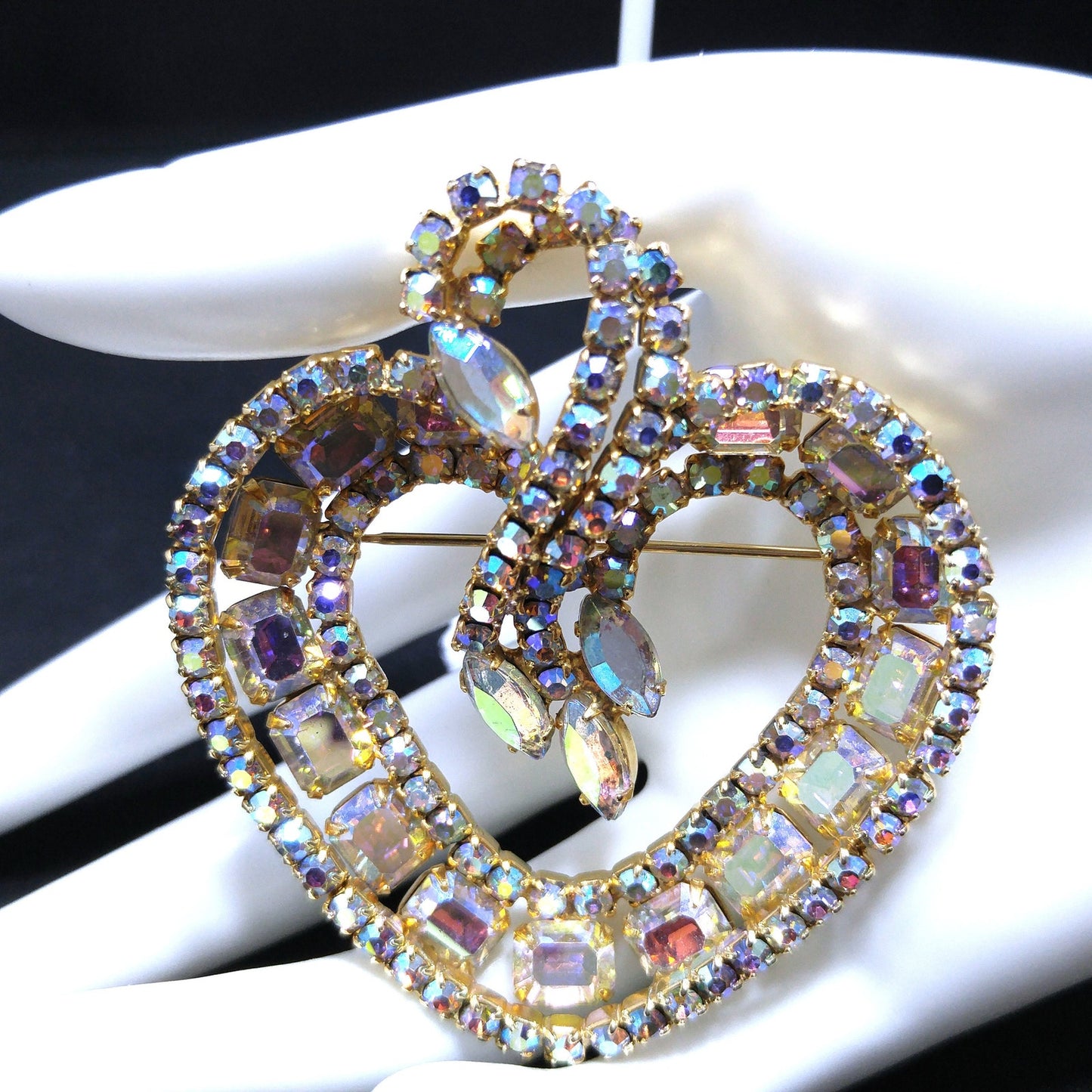 Vintage Gold Aurora Borealis Brooch Earrings, Gold Plated, 1960s Vintage Jewelry