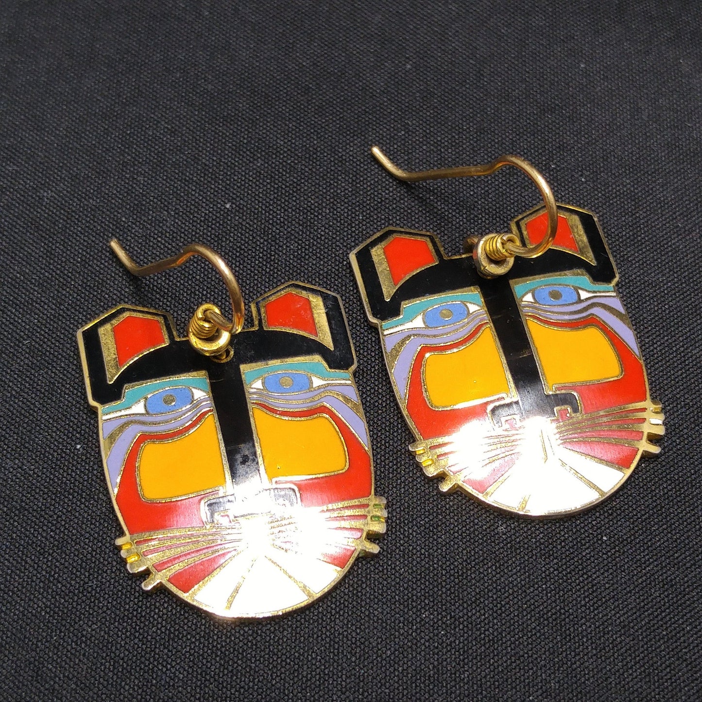 Laurel Burch "Miikio" Earrings, Gold Plated Enamel Large Cat Faces, 1980s Vintage Jewelry