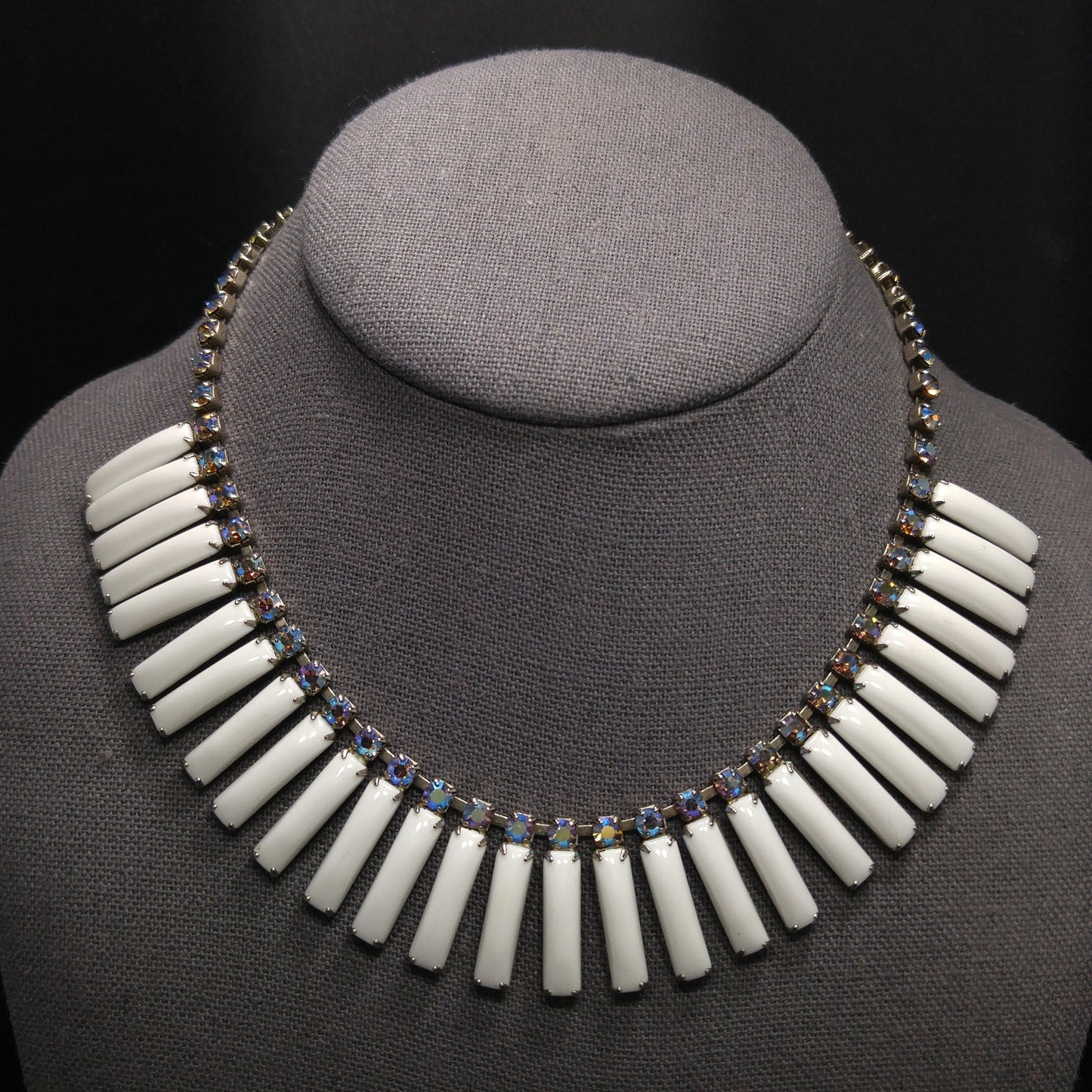 White Lucite Blue Aurora Borealis Rhinestones Necklace, Egyptian Revival Mid-Century, 1960s Vintage Jewelry
