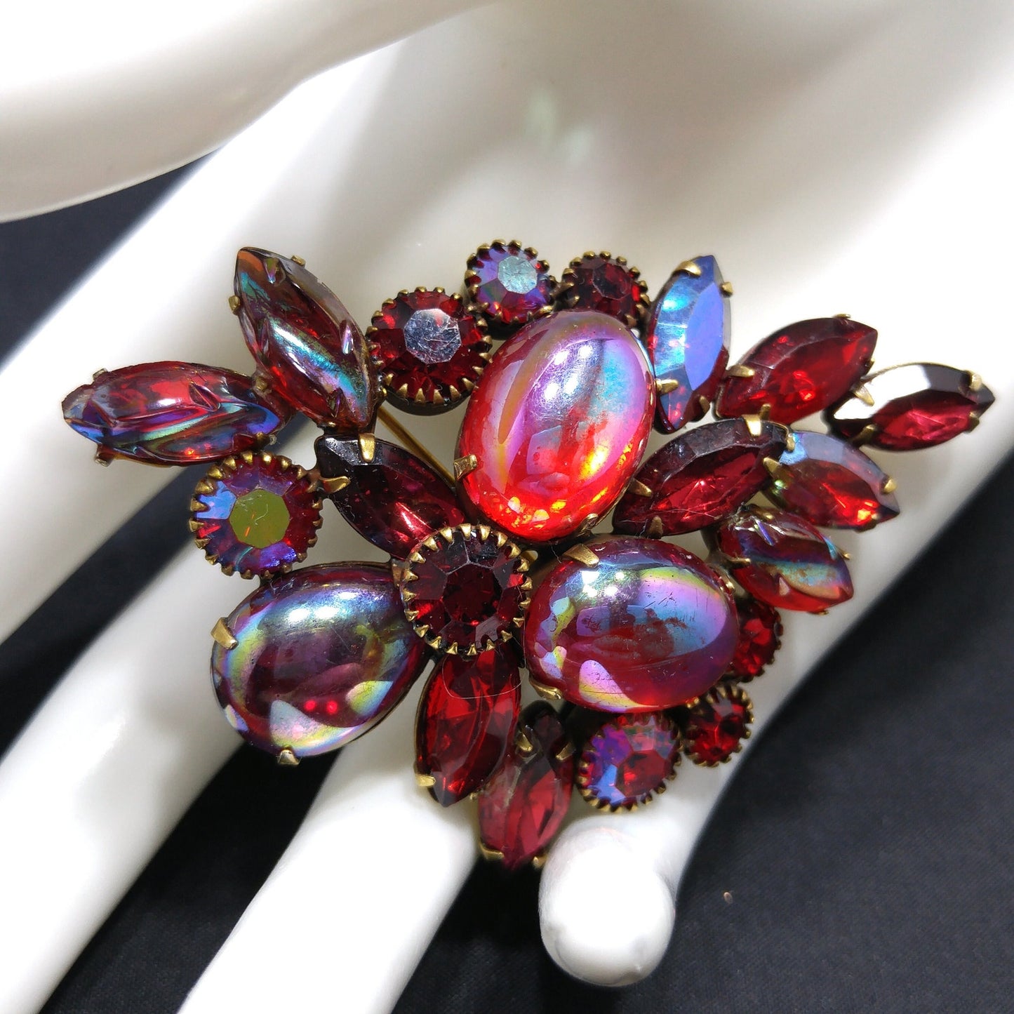 Kramer Red Iridescent Rhinestone Brooch, Aurora Borealis Rhinestones, 1960s Vintage Jewelry