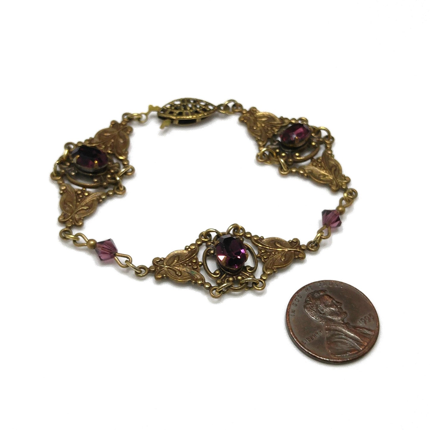 Sadie Green Art Nouveau Purple Bracelet, Golden Brass & Faux Amethyst, 6 3/4" Length, 1980s Vintage Jewelry