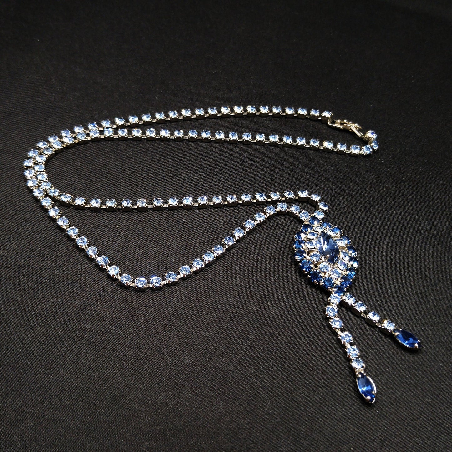 Mid Century Blue Rhinestone Rhodium Plated Necklace, Light & Dark Blue Rhinestones, 1960s Vintage Jewelry