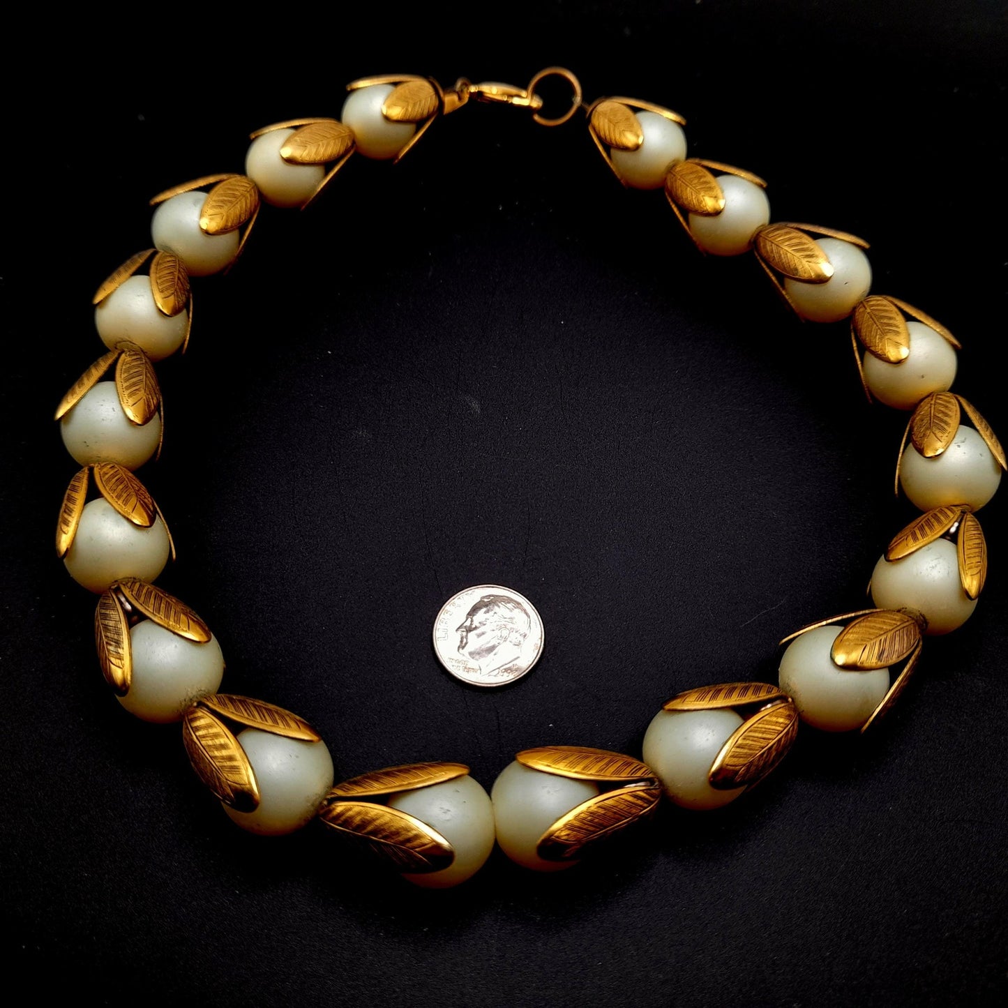Lenora Dame Faux Pearl Necklace, Gold Tone Leaf Caps, Vintage Jewelry