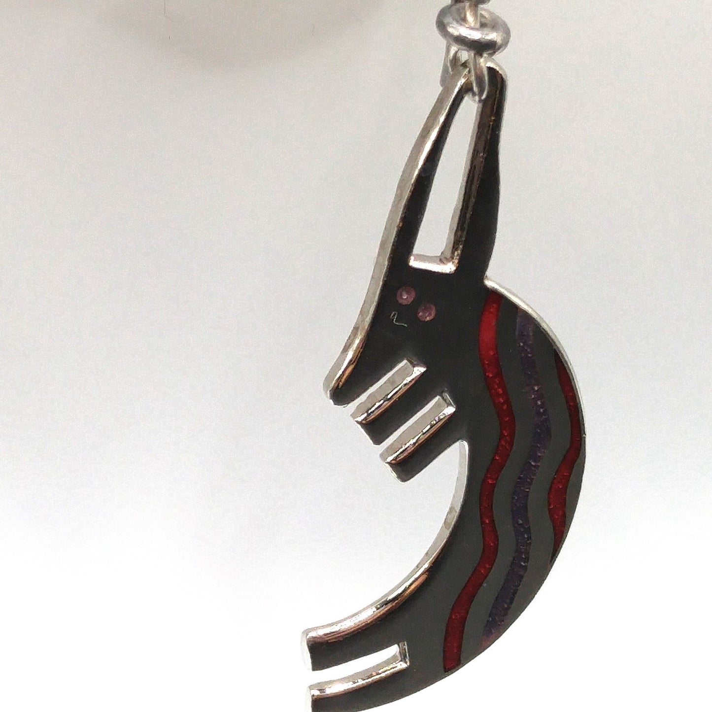 Laurel Burch "Conejo" Rabbit Dangle Earrings, Striped Red Purple Enamel, 1980s Vintage Jewelry