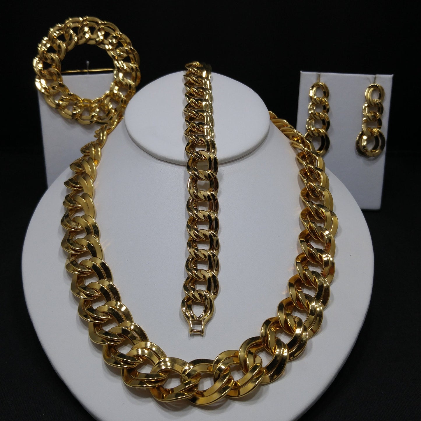 Monet Chunky Necklace Bracelet Brooch Earrings Set, Gold Plated, 1980s Vintage Jewelry