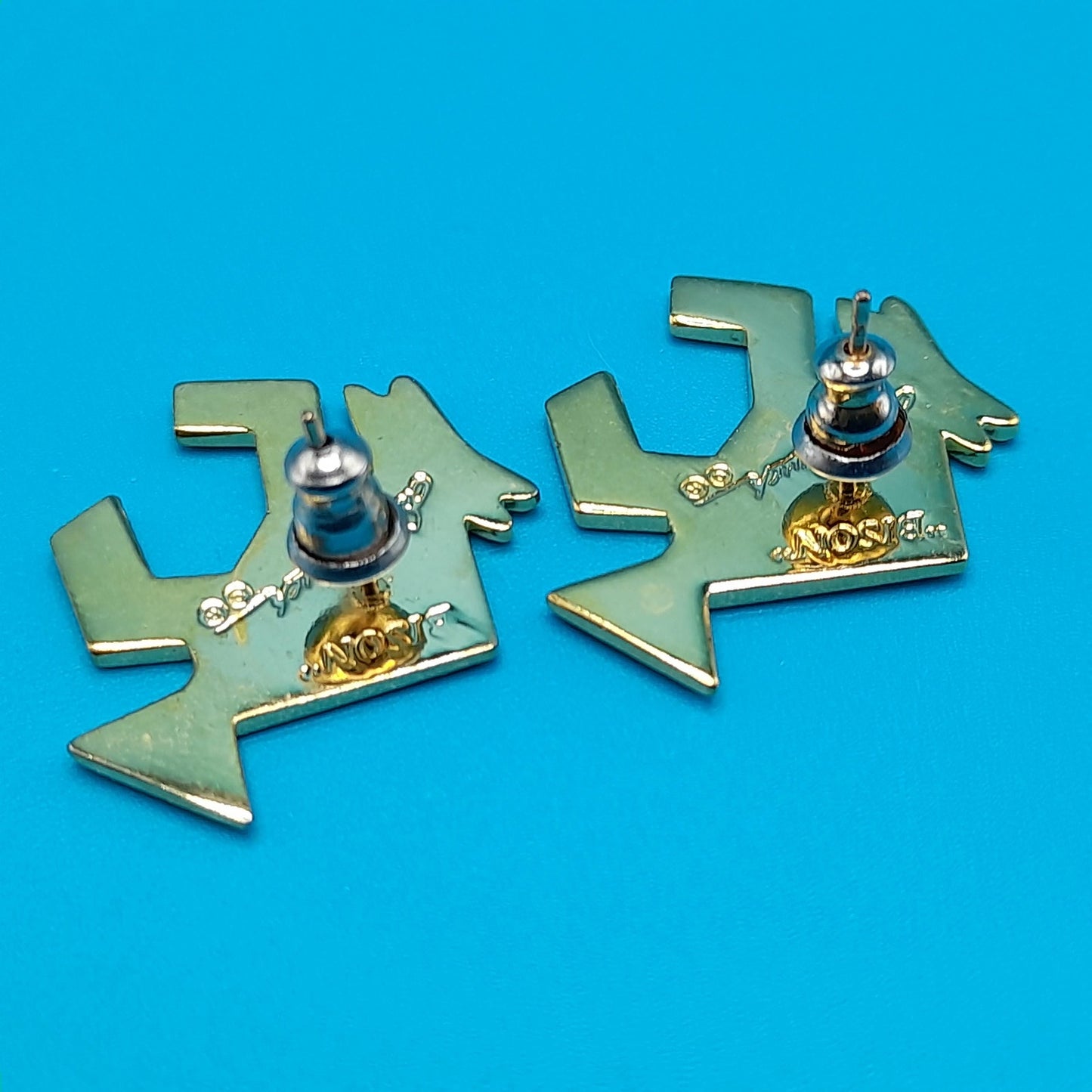 Vintage Laurel Burch "Bison" Post Earrings, Black Blue Enamel, Gold Plated