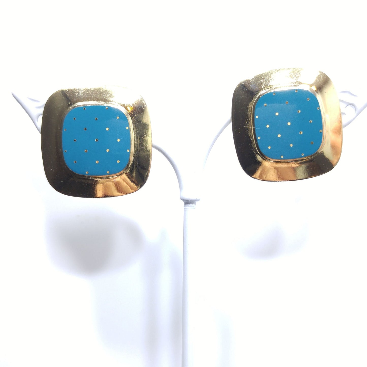 Vintage Laurel Burch "Mastriano" Clip Earrings, Teal Blue Enamel, Gold Plated