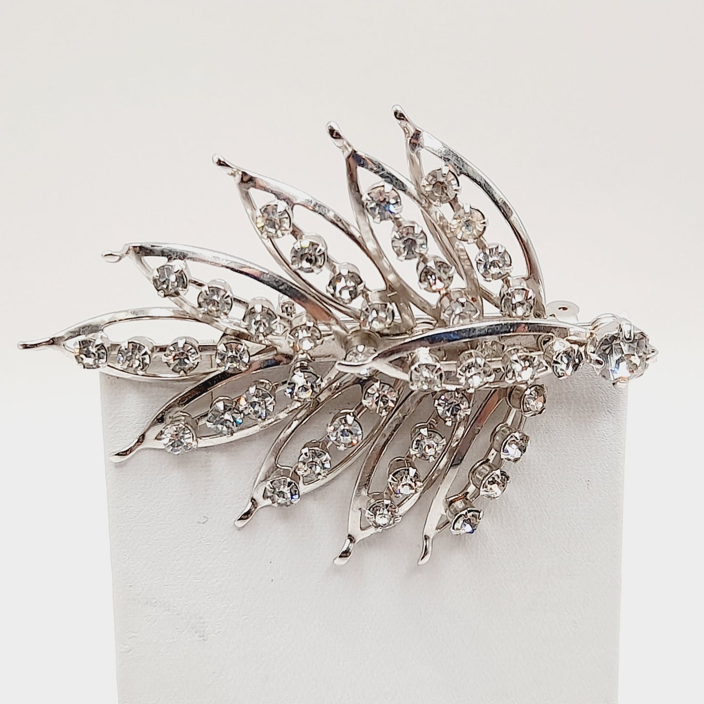 Vintage Clear Rhinestone Leaf Brooch Silver Tone Pin - 2 3/4 Inches Lightweight