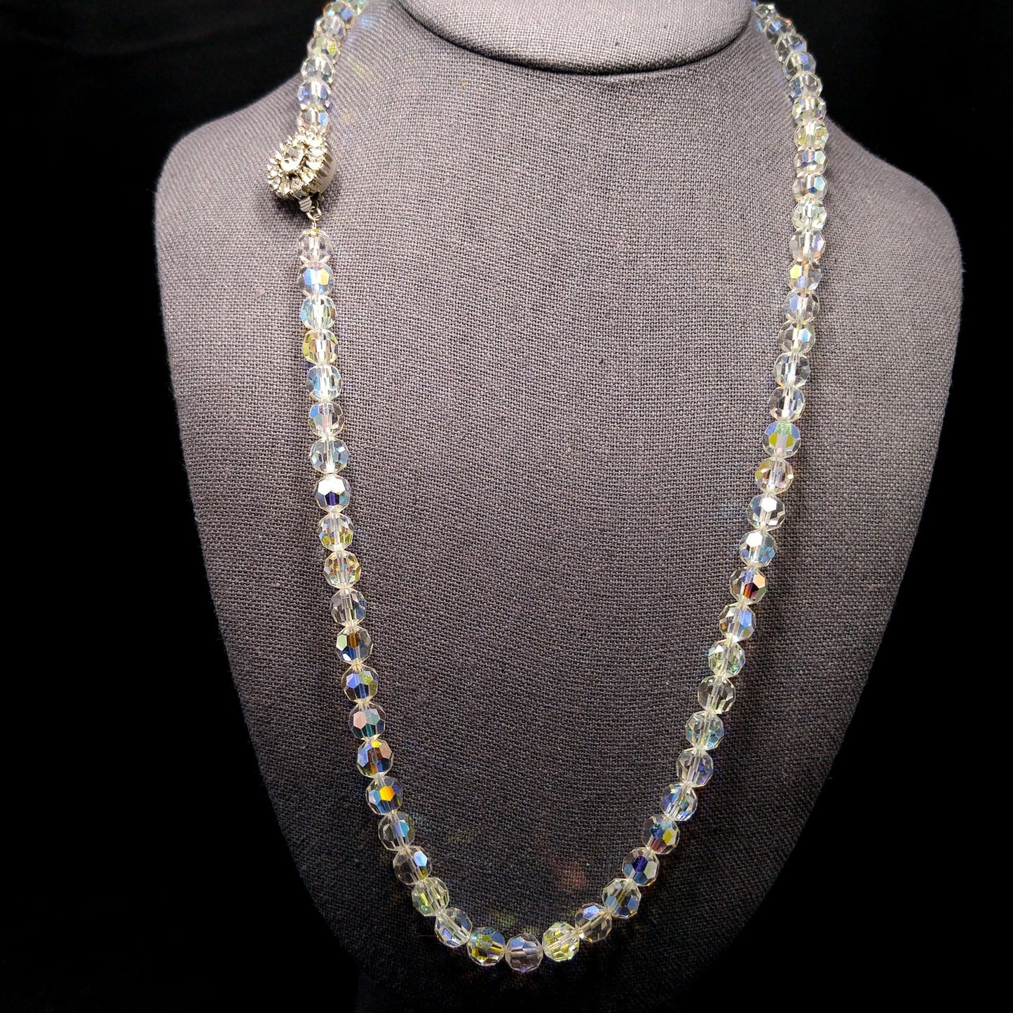 Bergere Aurora Borealis Crystal Long Necklace, Thread on Chain, Rhinestone Clasp, 1960s Vintage Jewelry