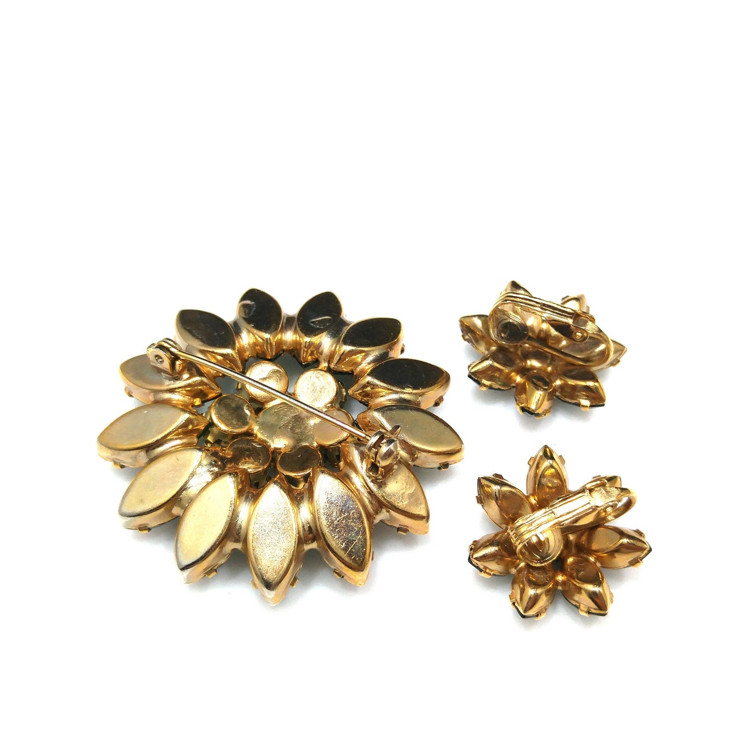 Emerald Green Rhinestone Floral Brooch & Earrings, Gold Plated, 1960s Vintage Jewelry