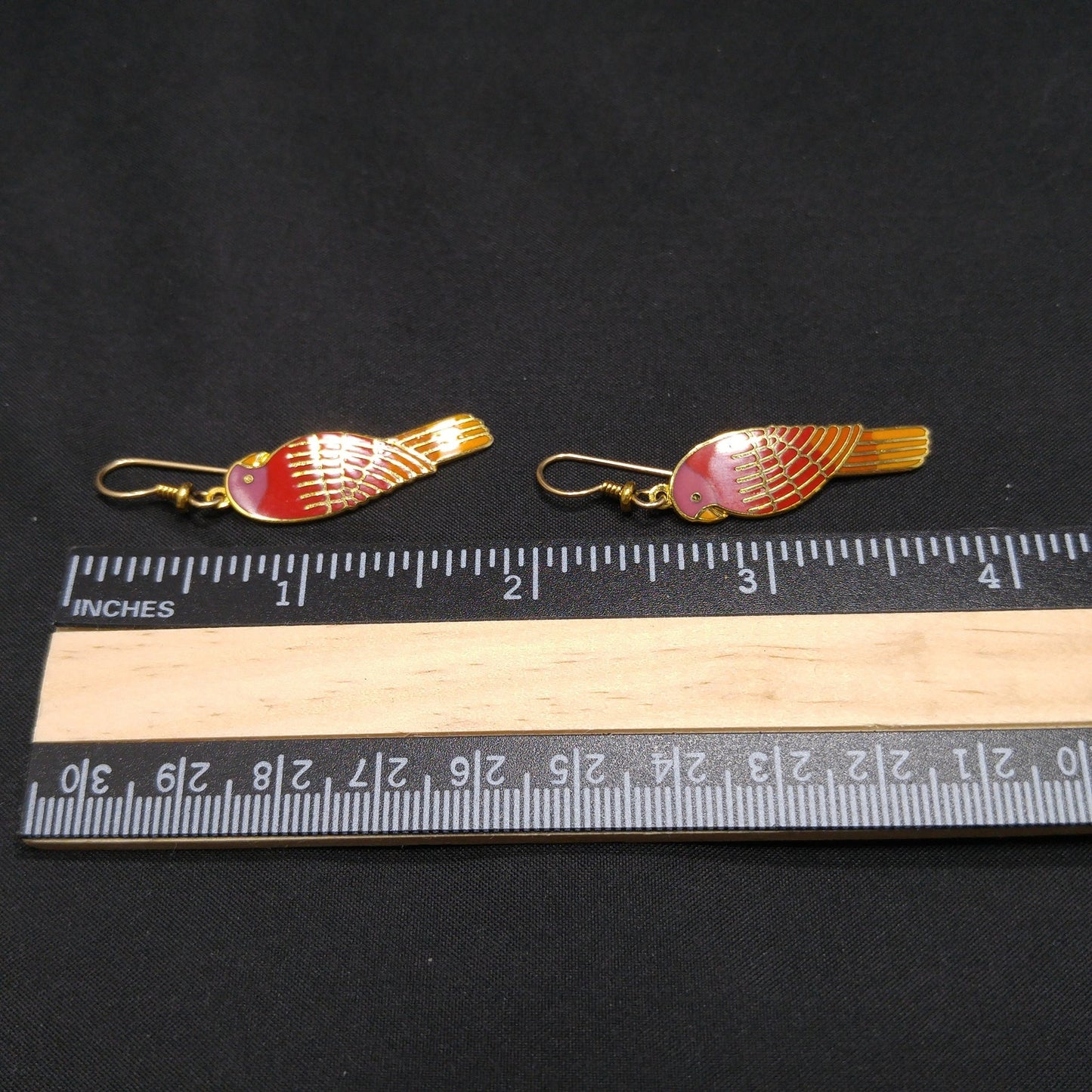Laurel Burch "Lorikeets" Earrings, Gold Plated Cloisonne & Enamel, 1980s Vintage