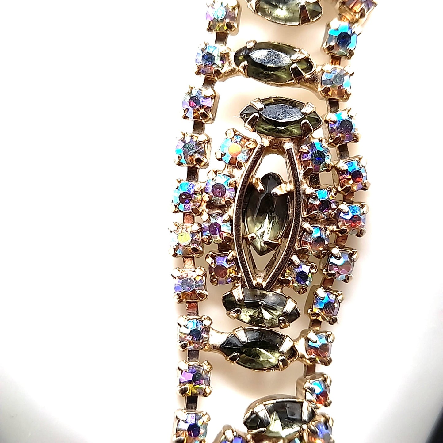 Green Aurora Borealis Rhinestone Bracelet, Mid-Century, 1950s Vintage Jewelry